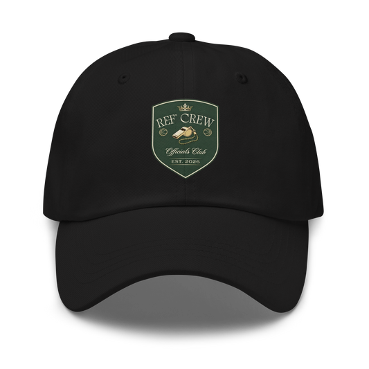 Black Ref' Crew Officials Club dad cap with vintage heraldic shield, gold whistle, and crown.