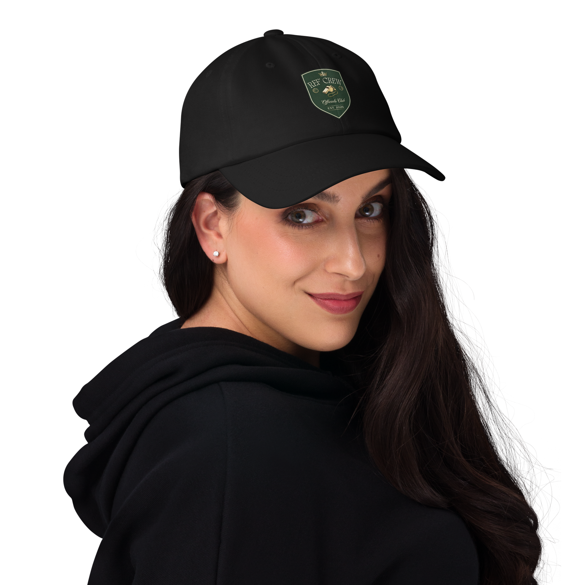 Black Ref' Crew Officials Club dad cap with vintage heraldic shield logo, worn by a woman.