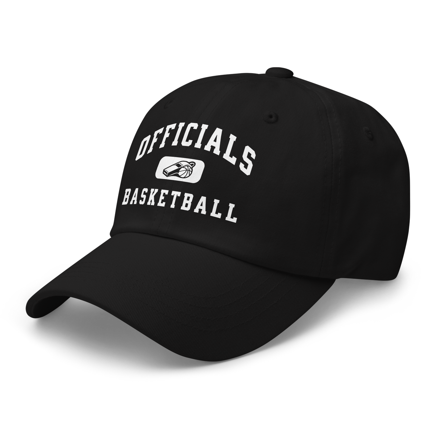 Black Yupoong 6245CM dad cap with "Officials Basketball" and whistle logo in white DTF print.