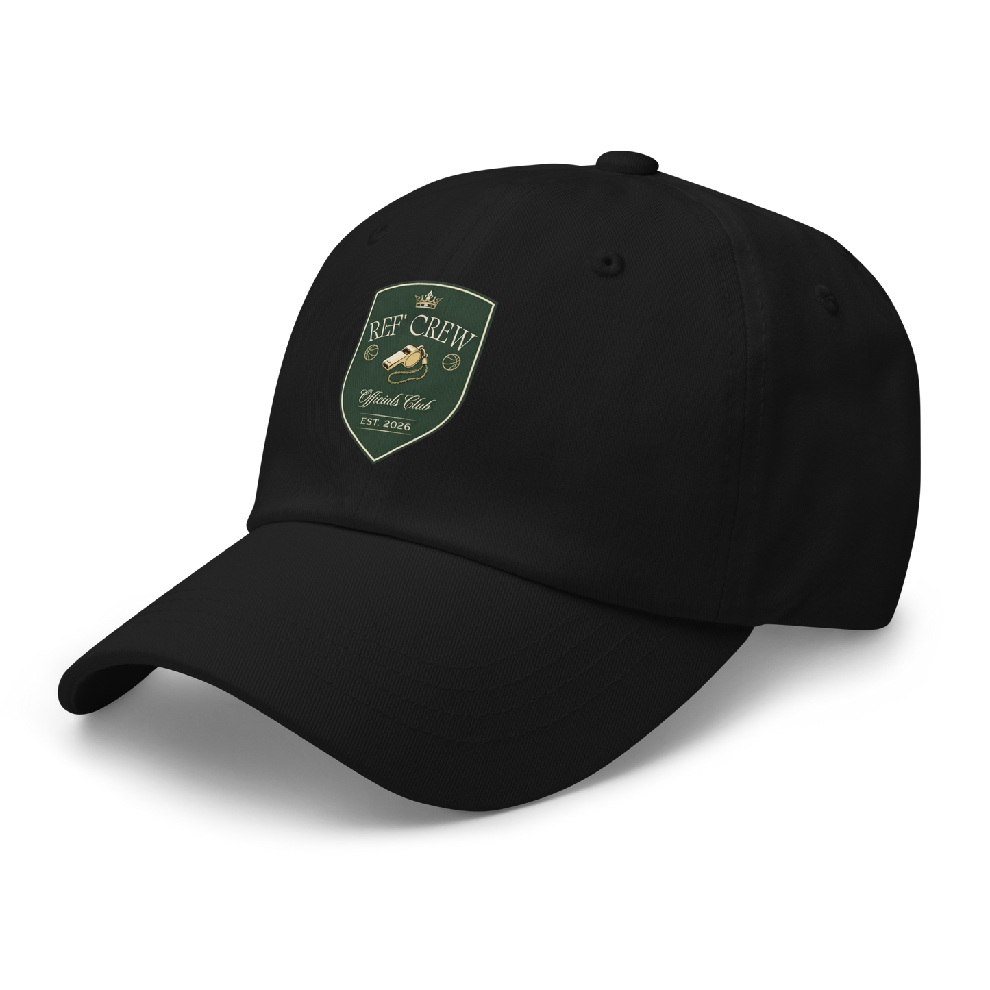 Black chino cotton twill dad cap with a vintage green and gold "Ref' Crew Officials Club" heraldic shield logo.
