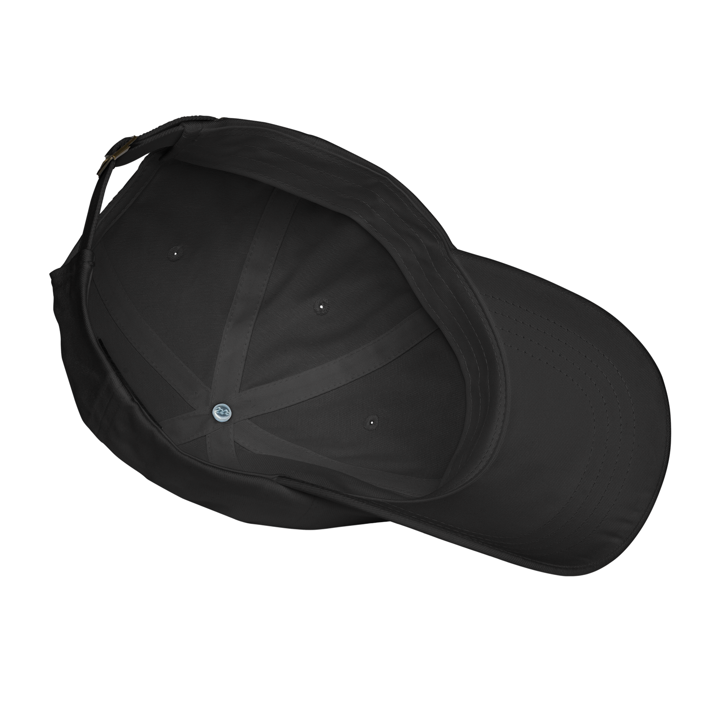 Black Yupoong dad cap, unstructured, low-profile, with an adjustable strap closure, viewed from below.