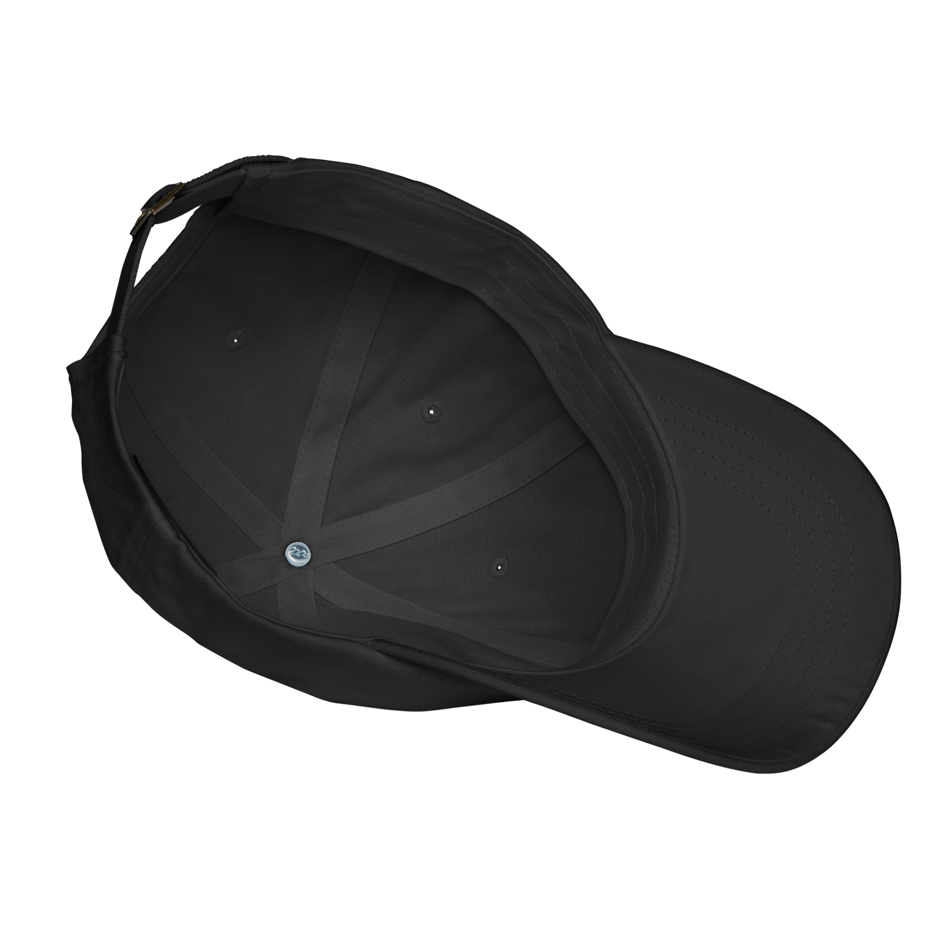 Black Yupoong dad cap, unstructured, low-profile, with an adjustable strap closure, viewed from below.