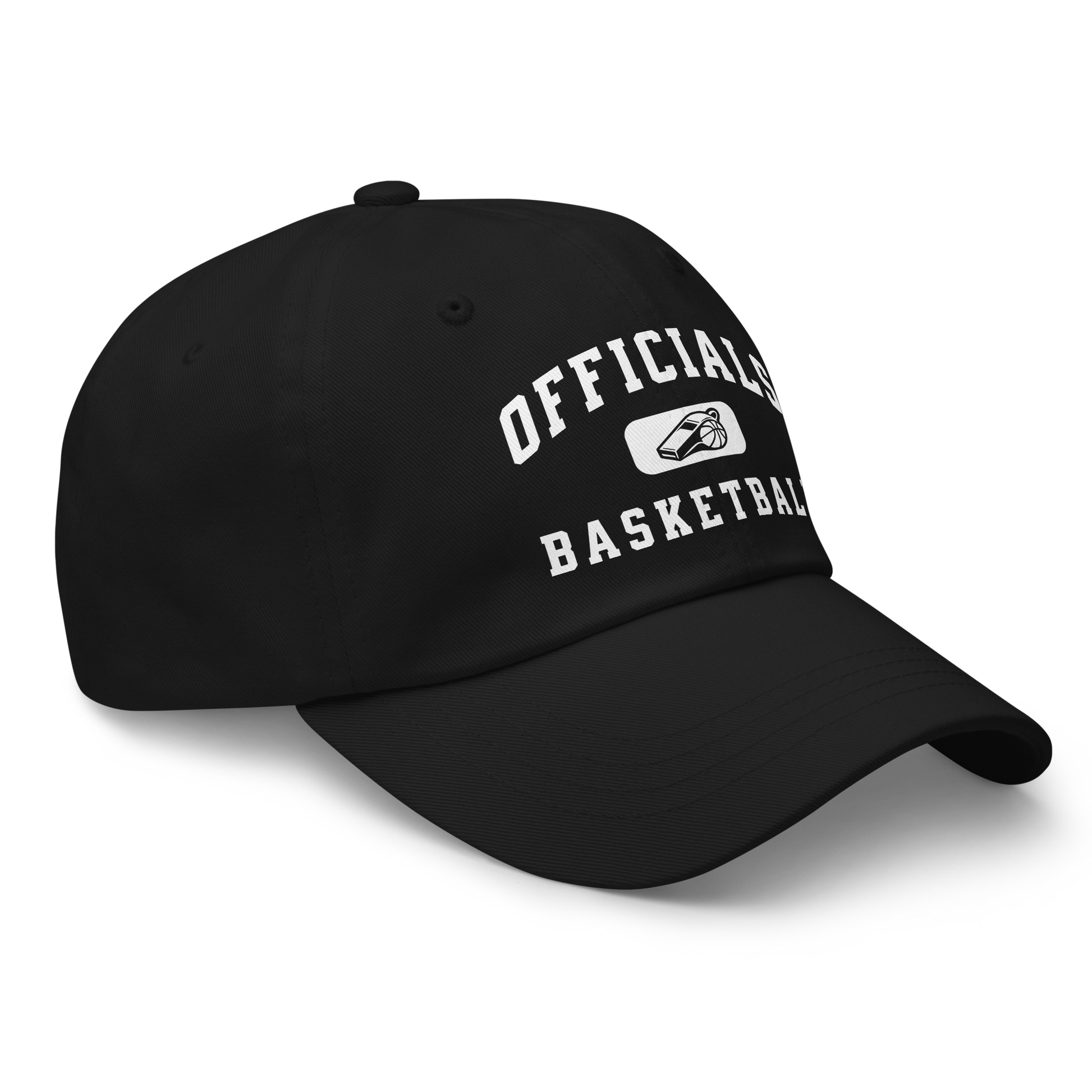 Black chino cotton twill dad cap with white "OFFICIALS BASKETBALL" collegiate lettering and whistle badge.