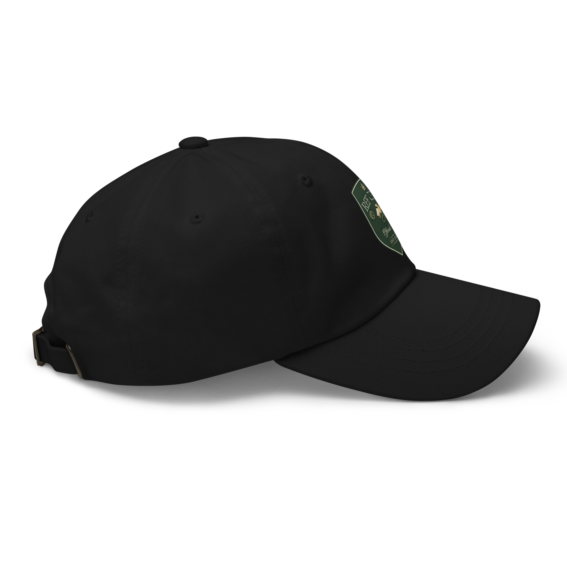 Black chino cotton twill dad cap with a vintage green and gold "Ref' Crew Officials Club" shield logo.