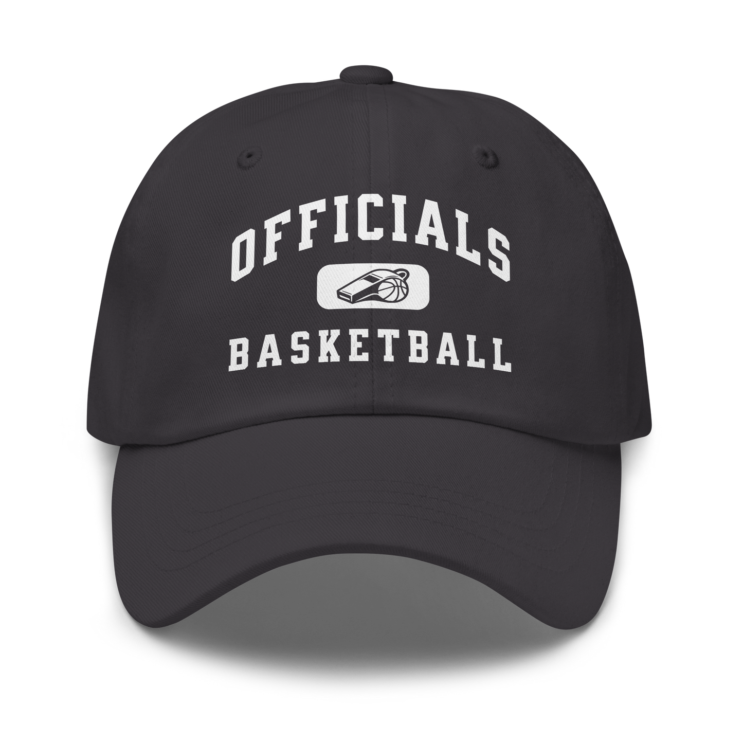 Dark grey chino cotton twill dad cap with "OFFICIALS BASKETBALL" and whistle graphic in white.