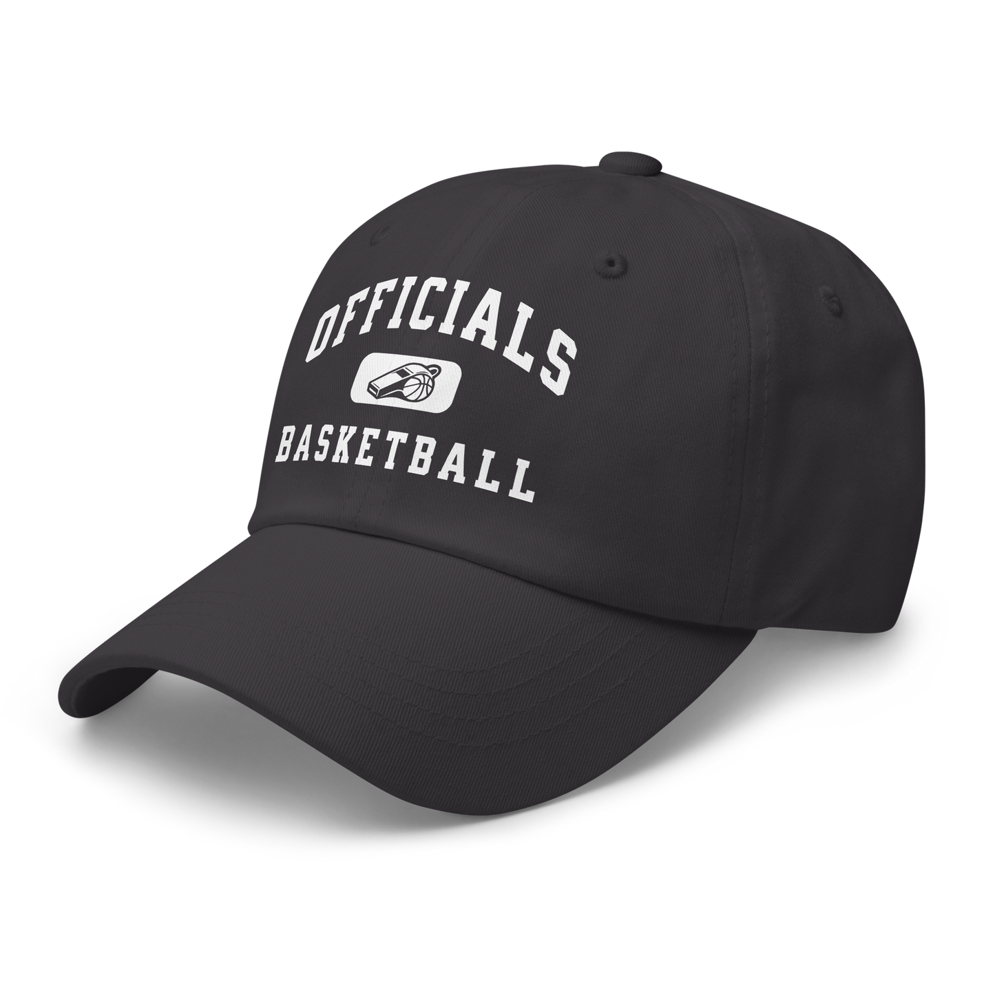 Black chino cotton twill dad cap with "OFFICIALS" and "BASKETBALL" in white collegiate text, featuring a whistle and basketball badge.