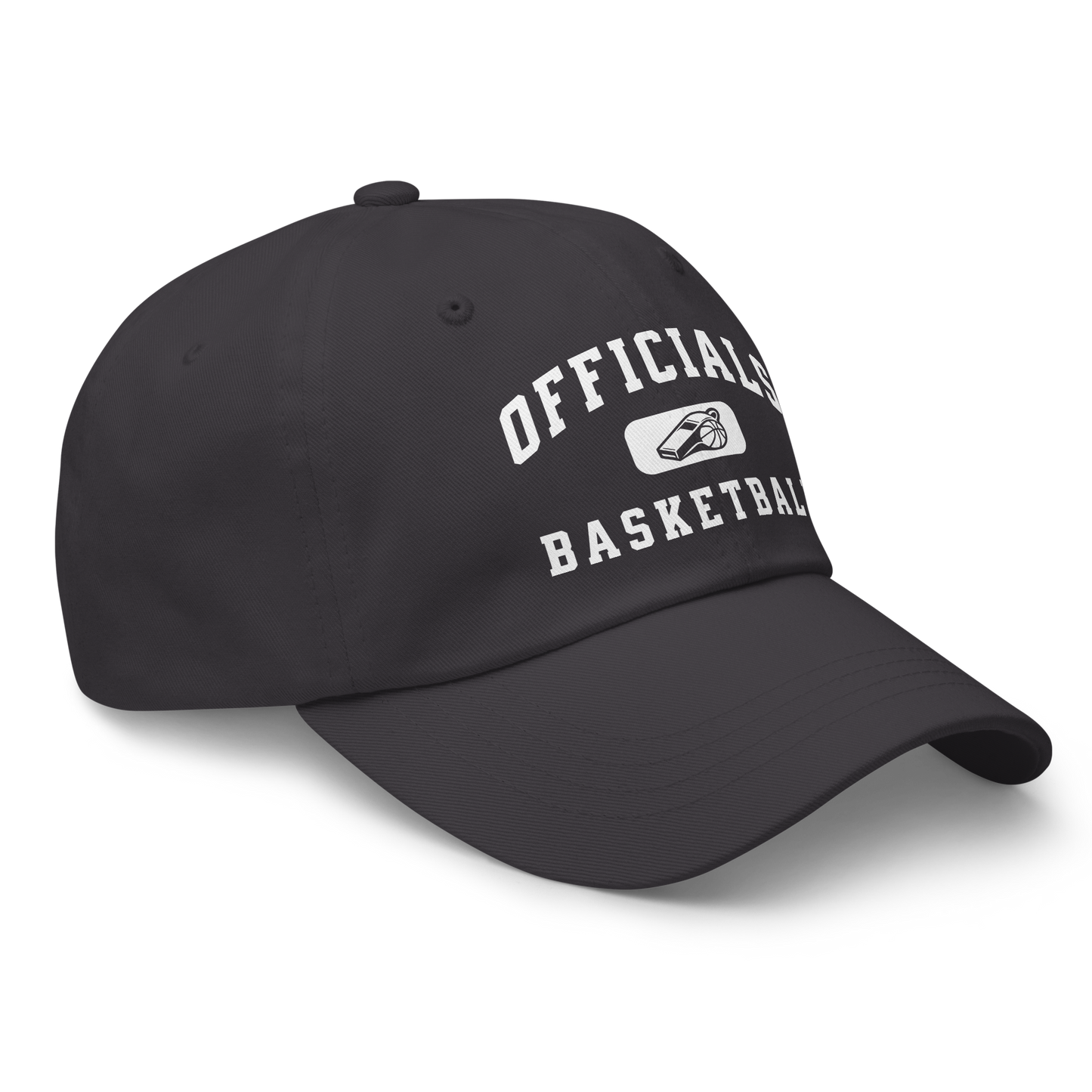 Black unstructured dad cap with "OFFICIALS BASKETBALL" and a whistle/basketball logo in white.