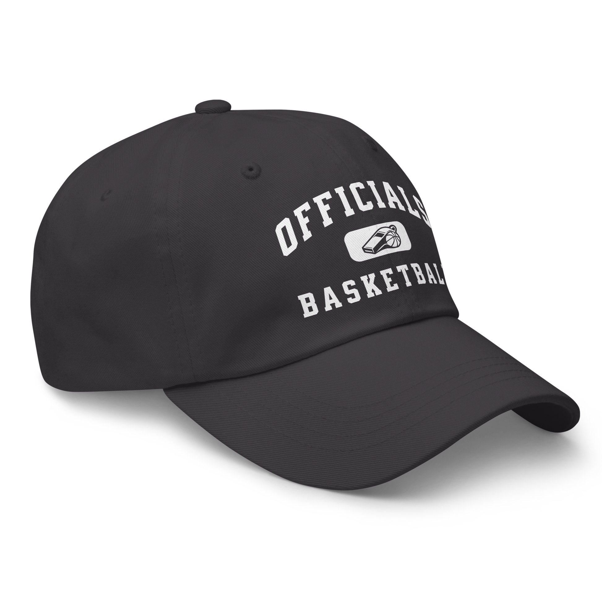 Black unstructured dad cap with "OFFICIALS BASKETBALL" and a whistle/basketball logo in white.
