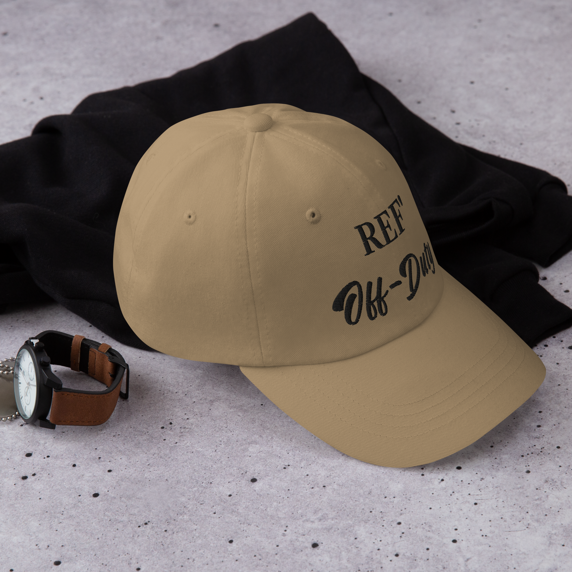 Khaki Ref' Off-Duty embroidered dad cap, Yupoong 6245CM, for basketball referees.