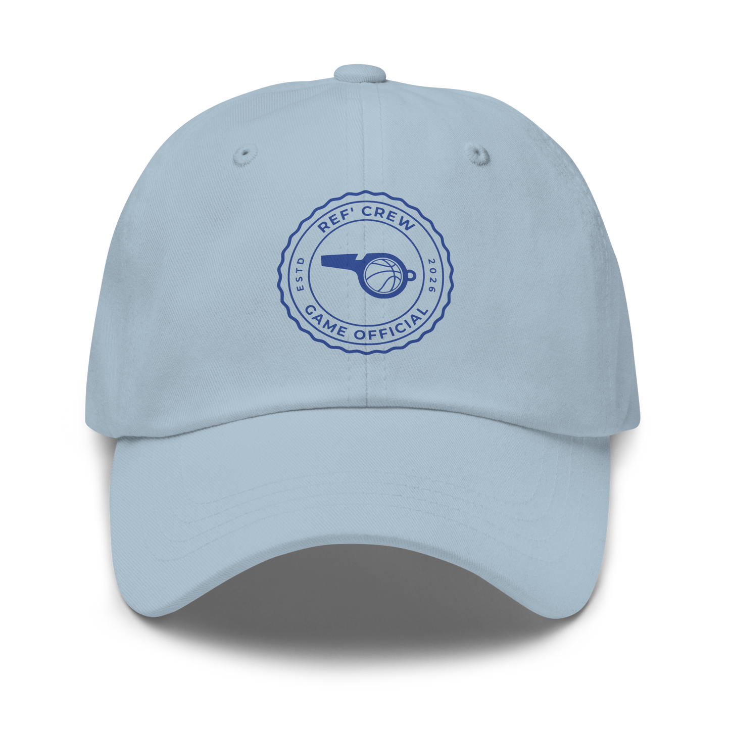 Light blue chino cotton twill dad cap with a royal blue "Ref' Crew" basketball official stamp logo.