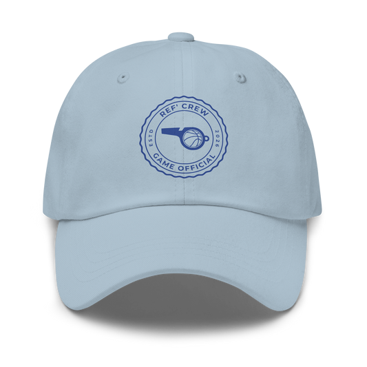 Light blue chino cotton twill dad cap with a royal blue "Ref' Crew" basketball official stamp logo.