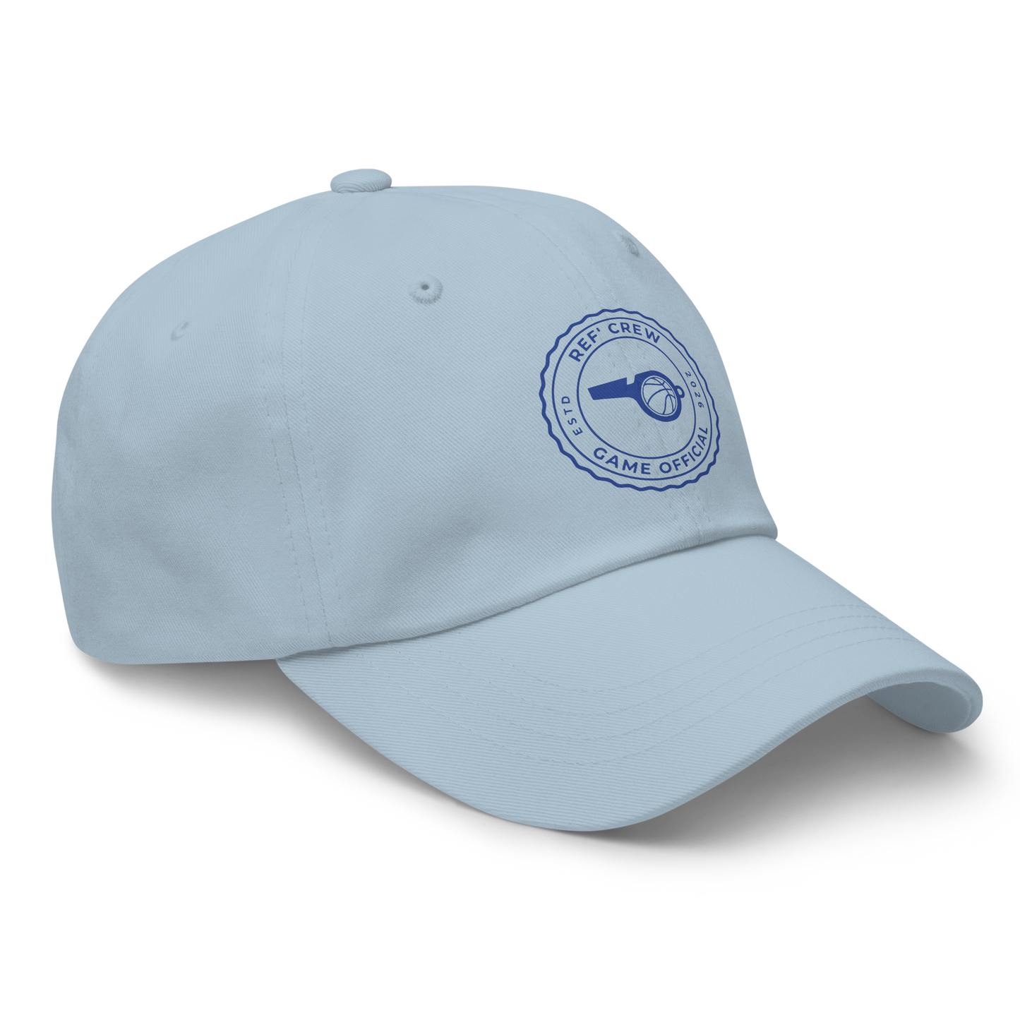 Light blue chino cotton twill dad cap with a royal blue "Ref' Crew / Game Official" stamp logo.