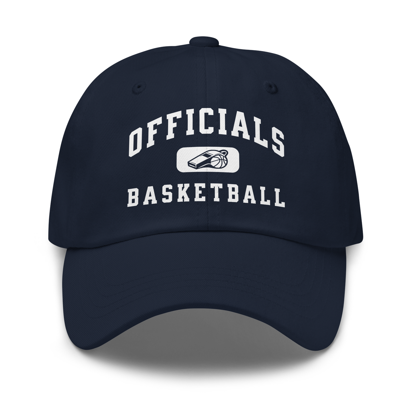 Navy chino cotton twill dad cap with white "OFFICIALS BASKETBALL" text and whistle logo.