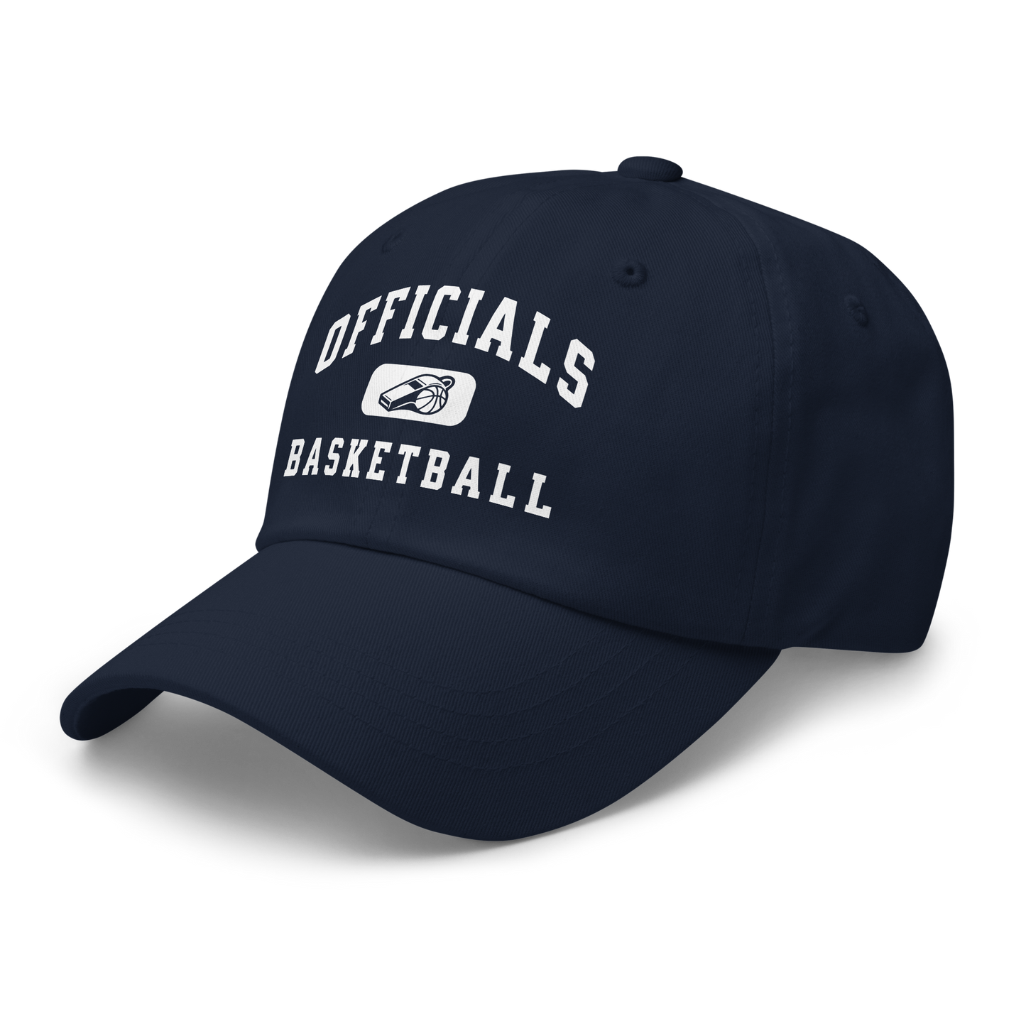 Dark navy unstructured dad cap with "OFFICIALS BASKETBALL" and whistle logo in white.