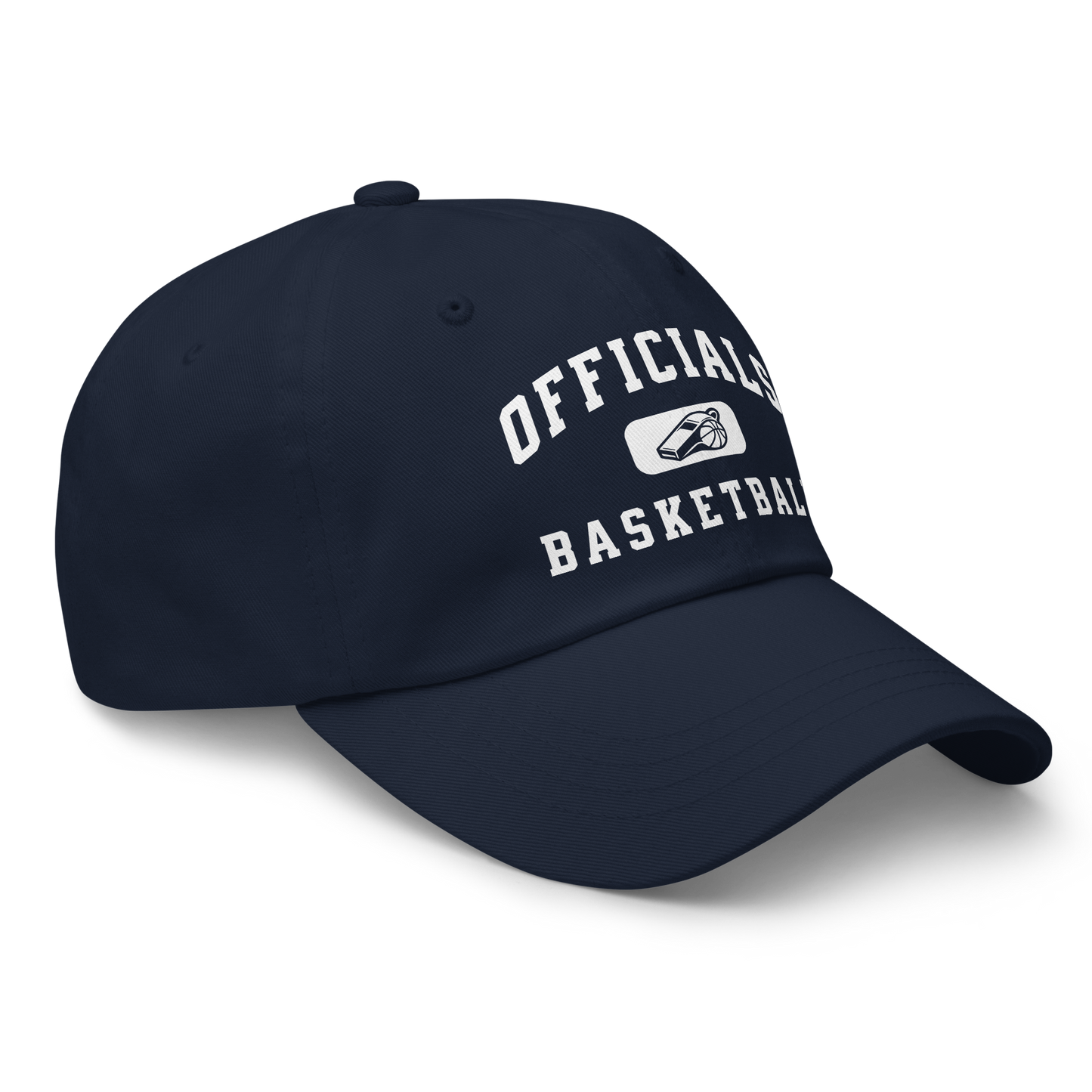 Navy chino cotton twill dad cap with white "OFFICIALS BASKETBALL" collegiate lettering and whistle badge.