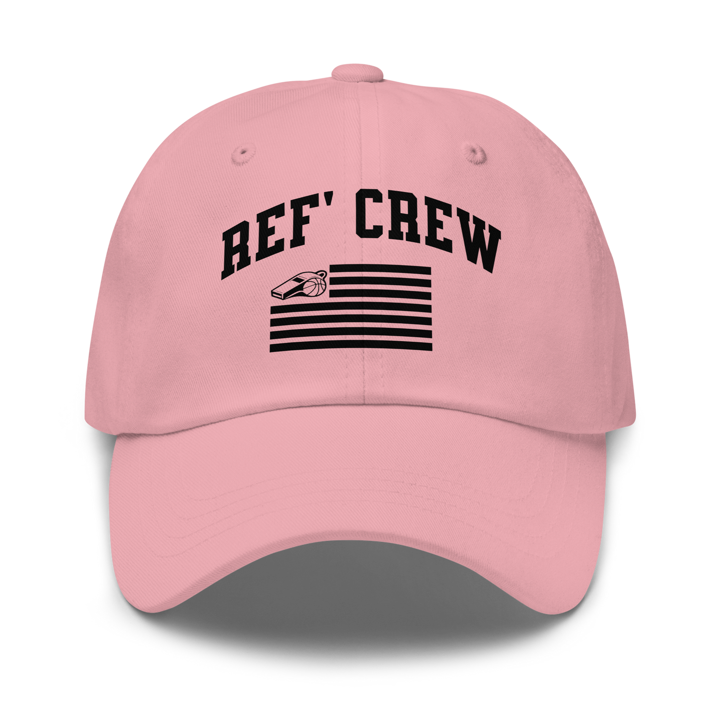 Pink chino cotton twill dad cap with "REF' CREW" and a whistle/basketball American flag design.