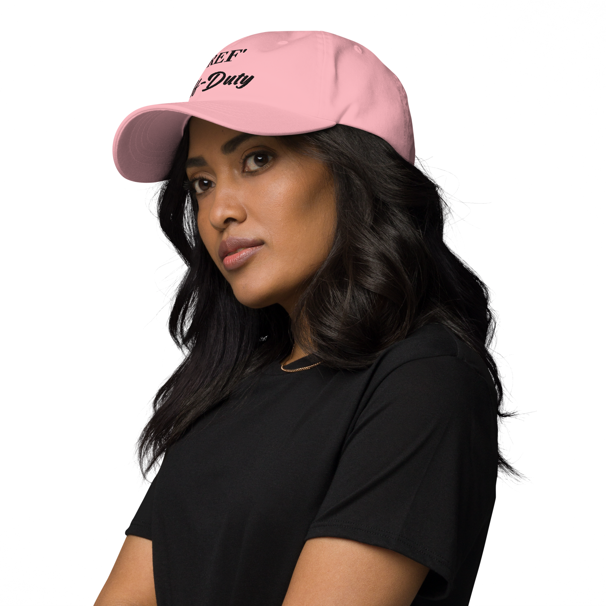 Woman wearing a pink "REF' Off-Duty" embroidered dad cap, perfect for basketball referees.