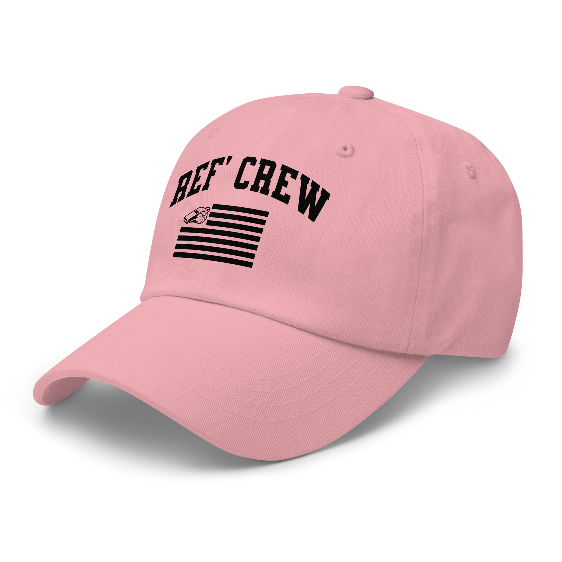 Pink Yupoong dad cap with "REF' CREW" and a whistle/basketball American flag design, perfect for officials.