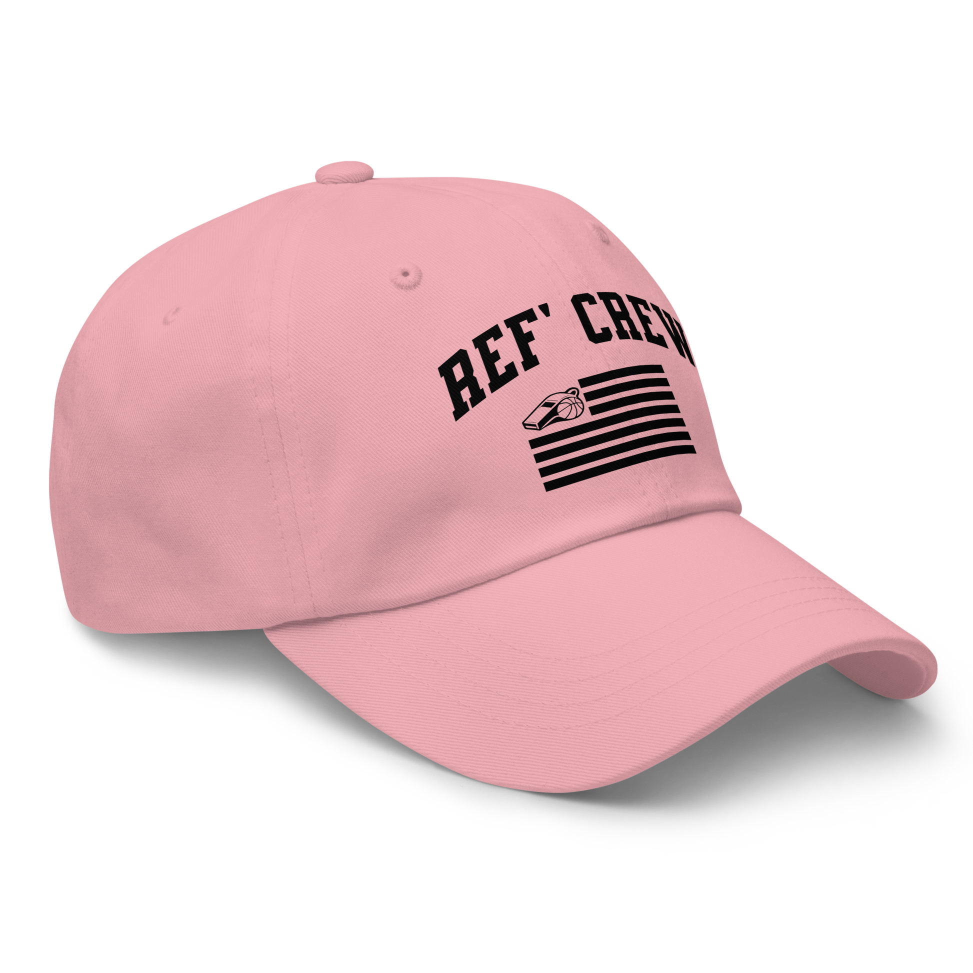 Pink Yupoong dad cap with "REF' CREW" and a whistle/basketball American flag design.