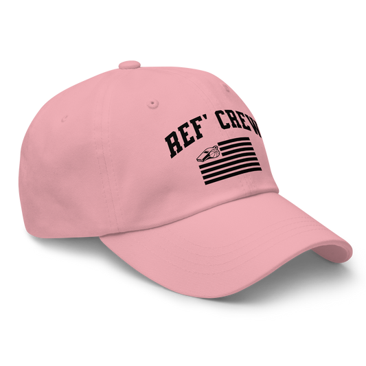 Pink chino cotton twill dad cap for basketball official. Features "REF' CREW" and whistle/basketball American flag design.
