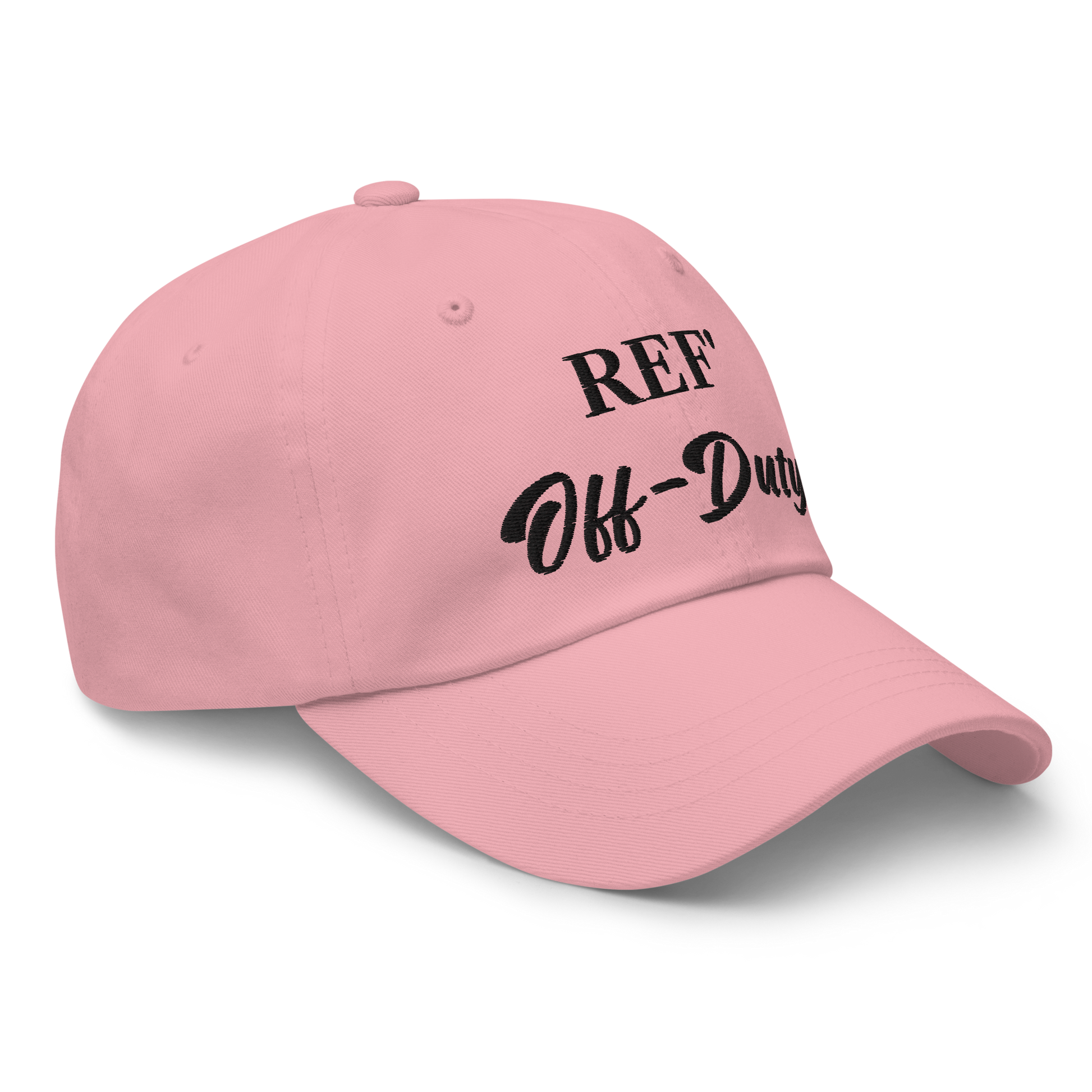 Pink Ref' Off-Duty dad hat with premium black embroidery for basketball referees.