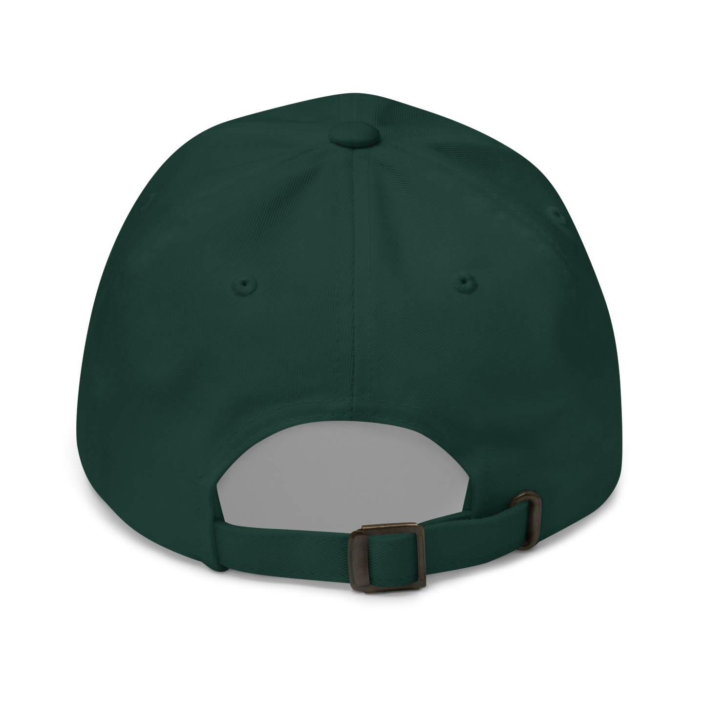Spruce green chino cotton twill dad cap, unstructured with an adjustable bronze strap closure.