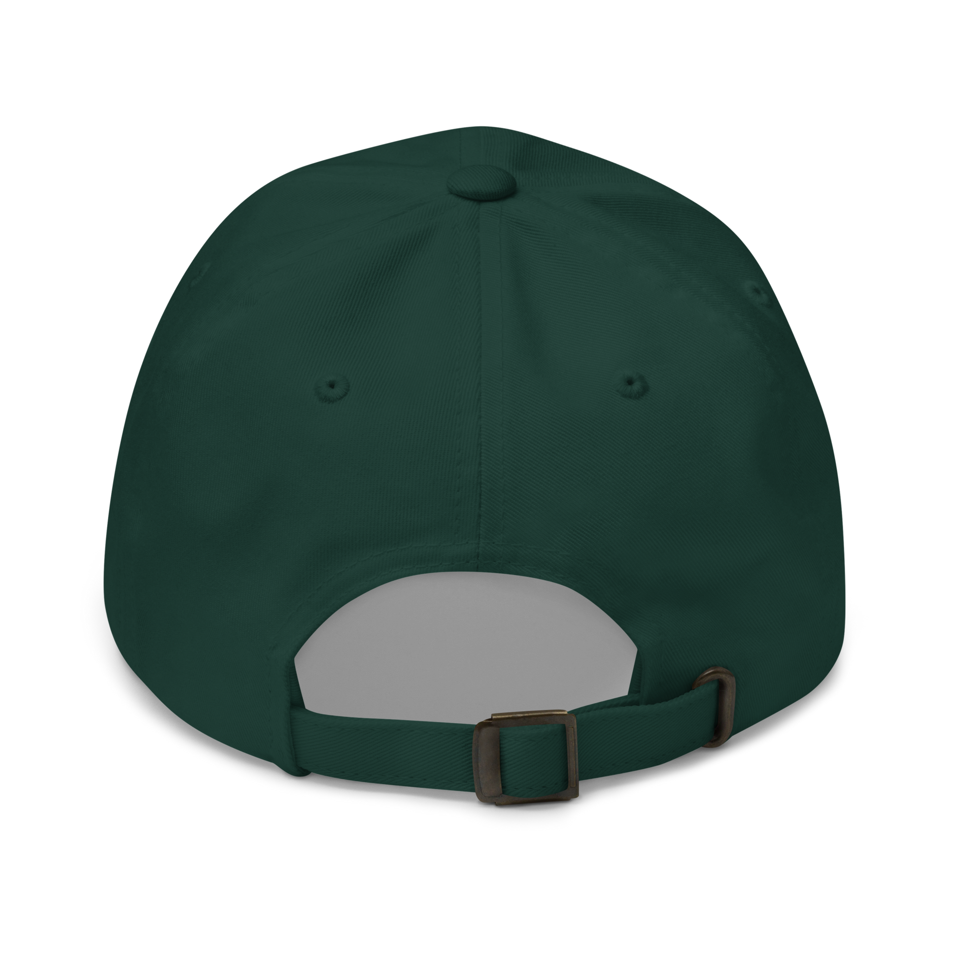 Spruce green chino cotton twill dad cap, unstructured with an adjustable bronze strap closure.