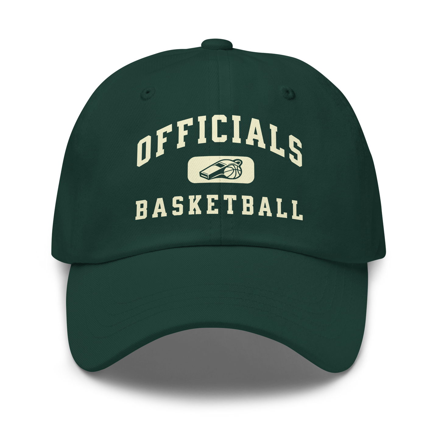 Spruce green unstructured dad cap with cream "OFFICIALS BASKETBALL" embroidery and whistle badge.