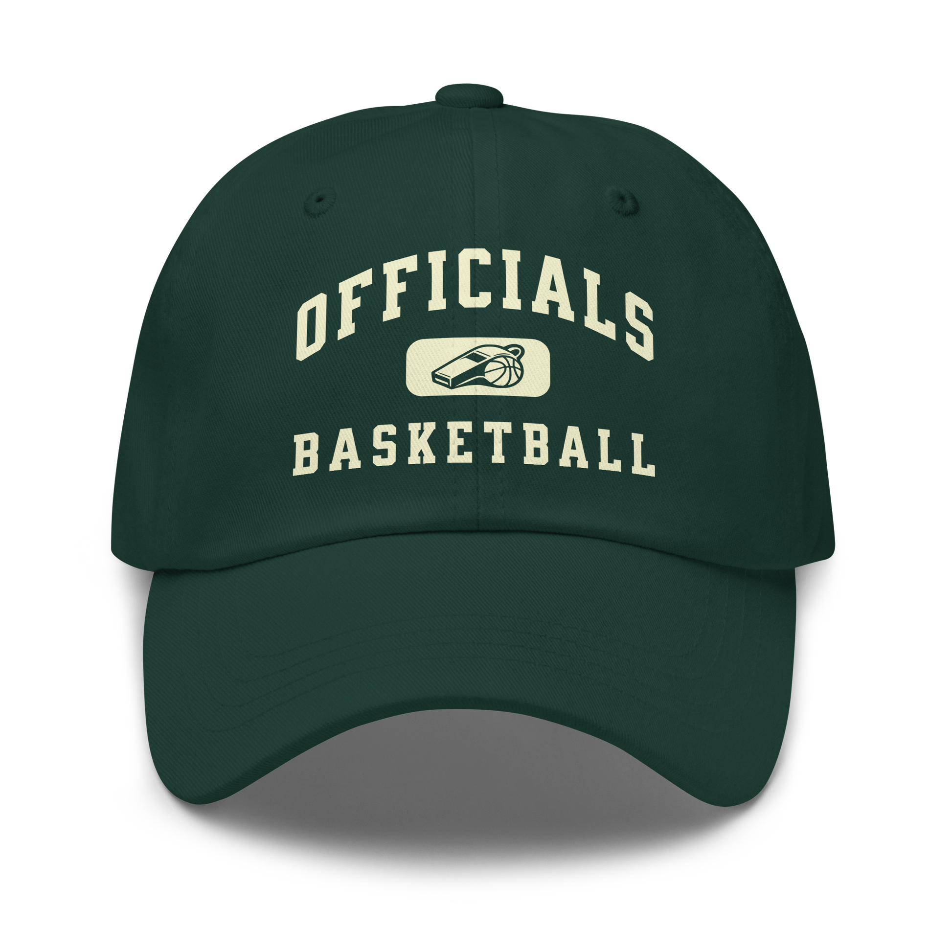 Spruce green unstructured dad cap with cream "OFFICIALS BASKETBALL" embroidery and whistle badge.