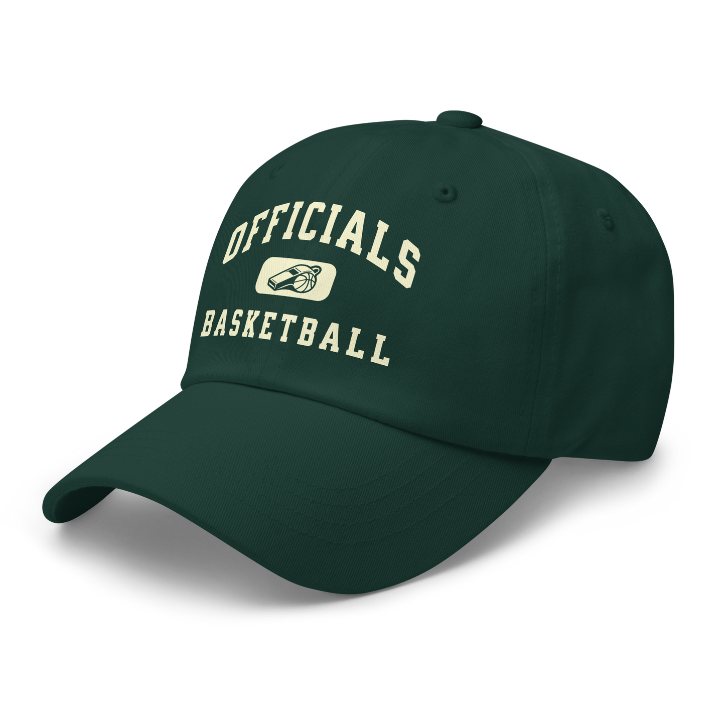 Spruce green chino cotton twill dad cap with cream "OFFICIALS BASKETBALL" embroidery and whistle badge.