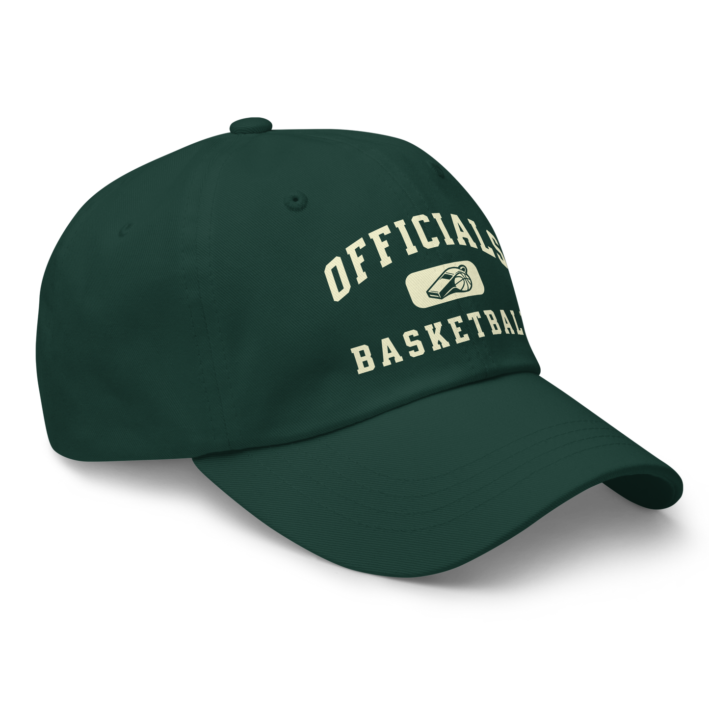 Spruce green chino twill dad cap with cream "OFFICIALS BASKETBALL" embroidery and whistle/basketball badge.