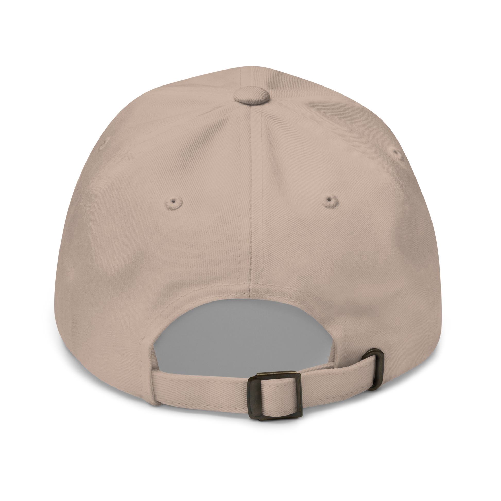 Back view of a stone chino cotton twill dad cap with an adjustable strap and bronze buckle.
