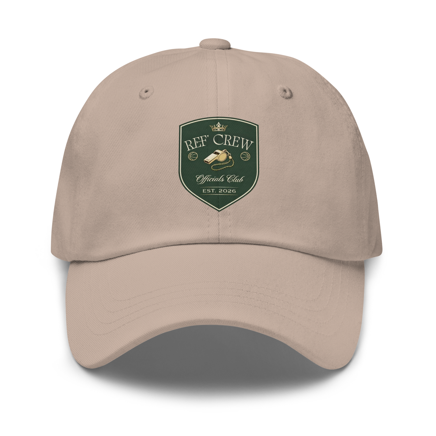 Stone chino cotton twill dad cap with a vintage "Ref' Crew Officials Club" shield logo for basketball referees.
