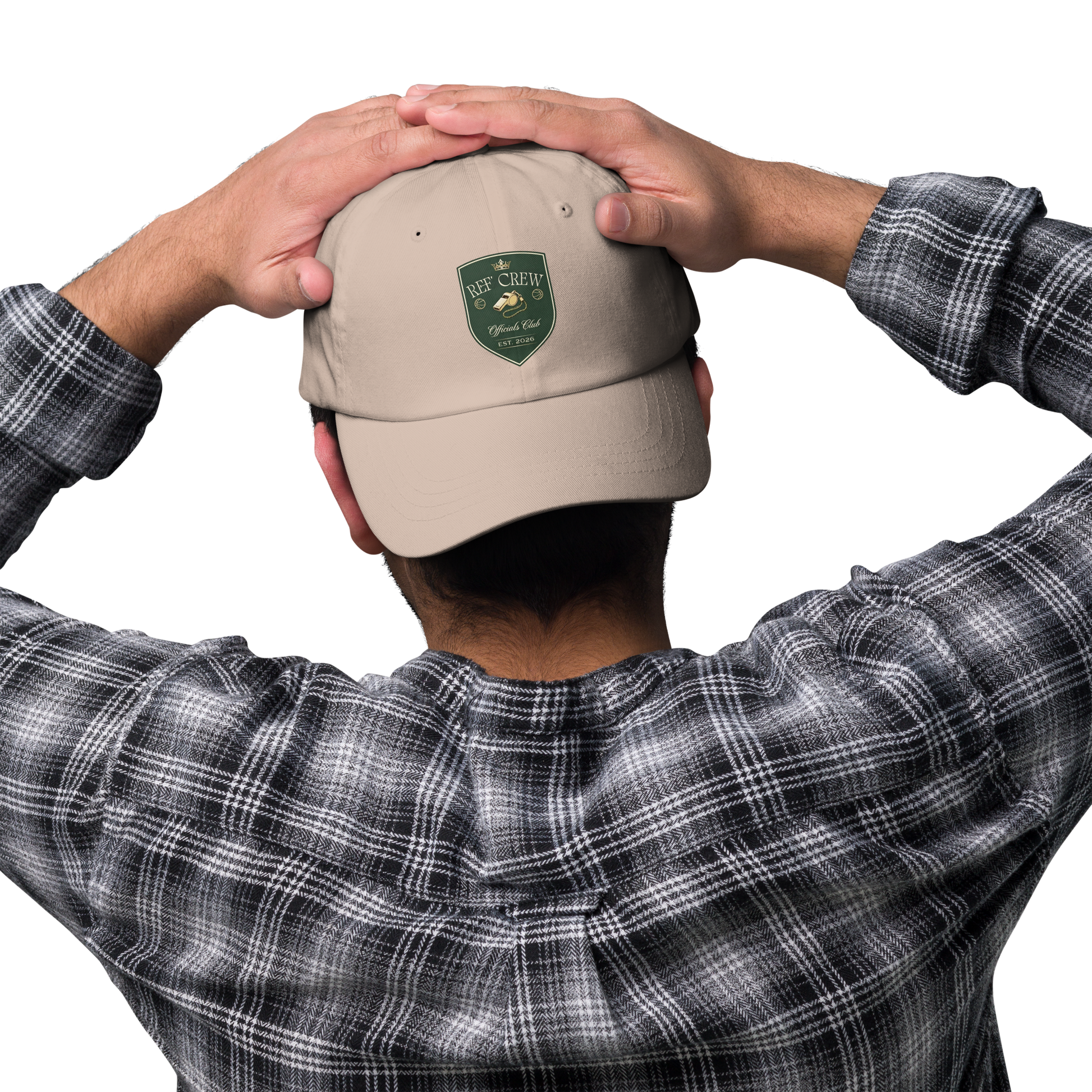 Tan Ref' Crew Officials Club dad cap with vintage heraldic shield logo, perfect for basketball referees.
