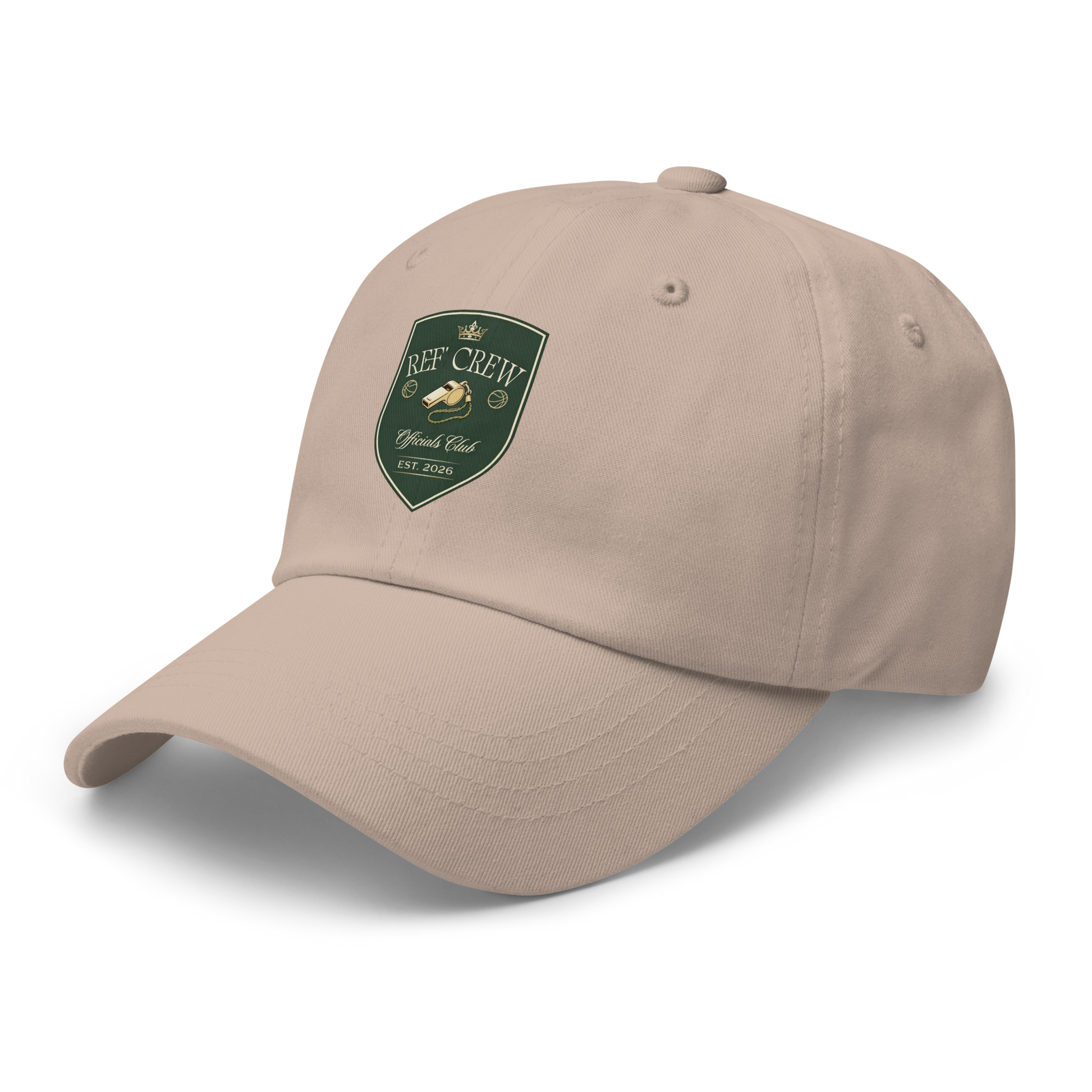 Stone chino cotton twill dad cap with a vintage green and gold "Ref' Crew Officials Club" shield logo.