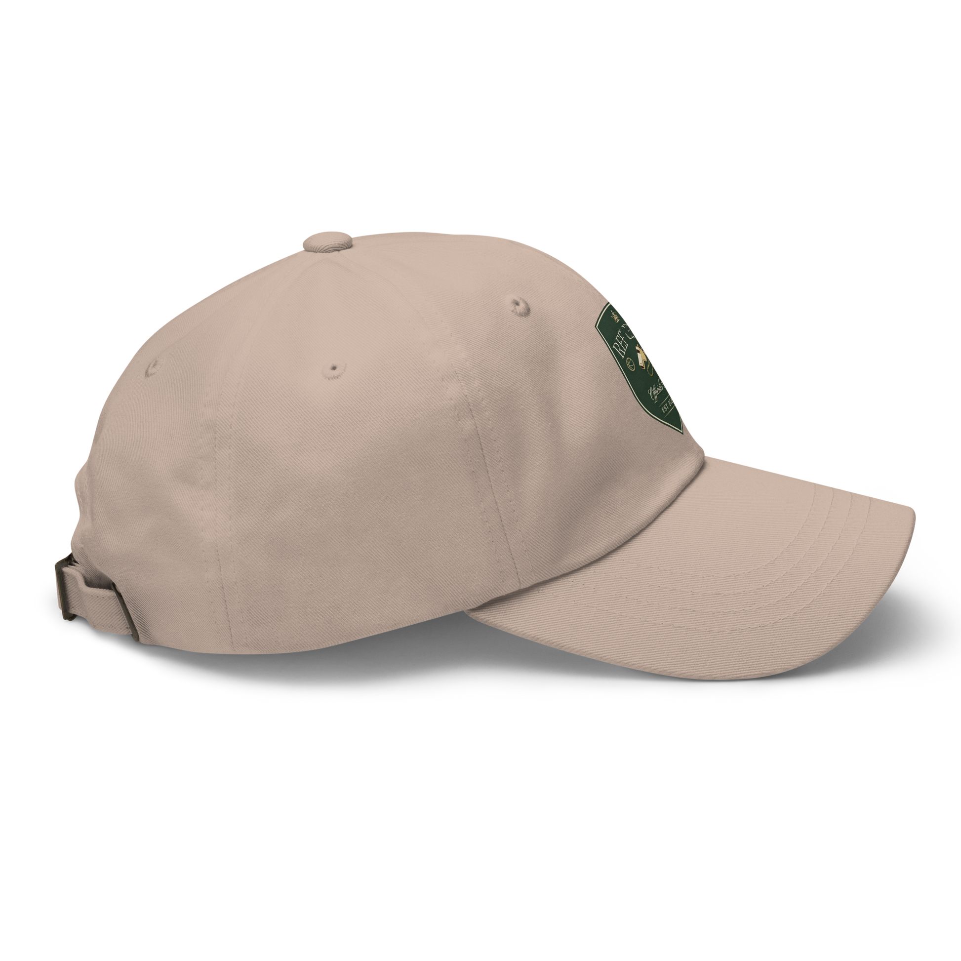 Stone chino cotton twill dad cap with a vintage green and gold Ref' Crew Officials Club shield logo.