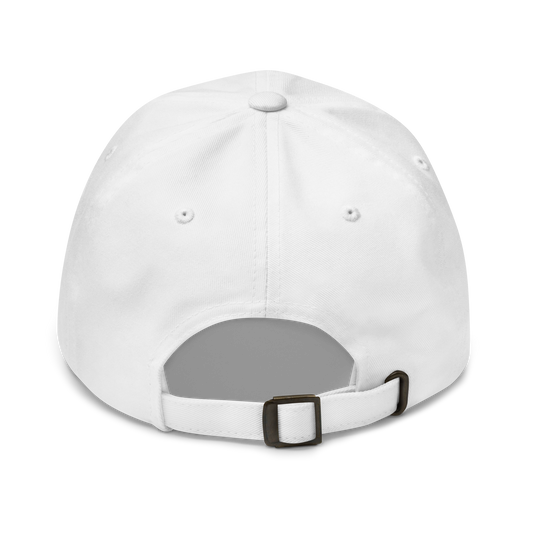 White chino cotton twill dad cap, back view, with adjustable strap and bronze buckle.