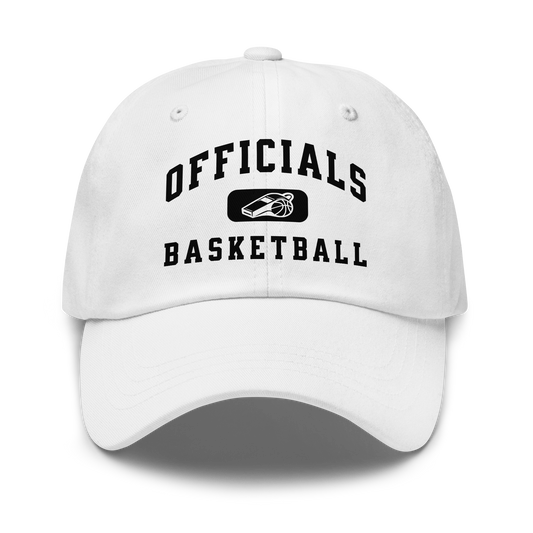 White chino cotton twill dad cap with "OFFICIALS BASKETBALL" text and whistle/basketball logo.