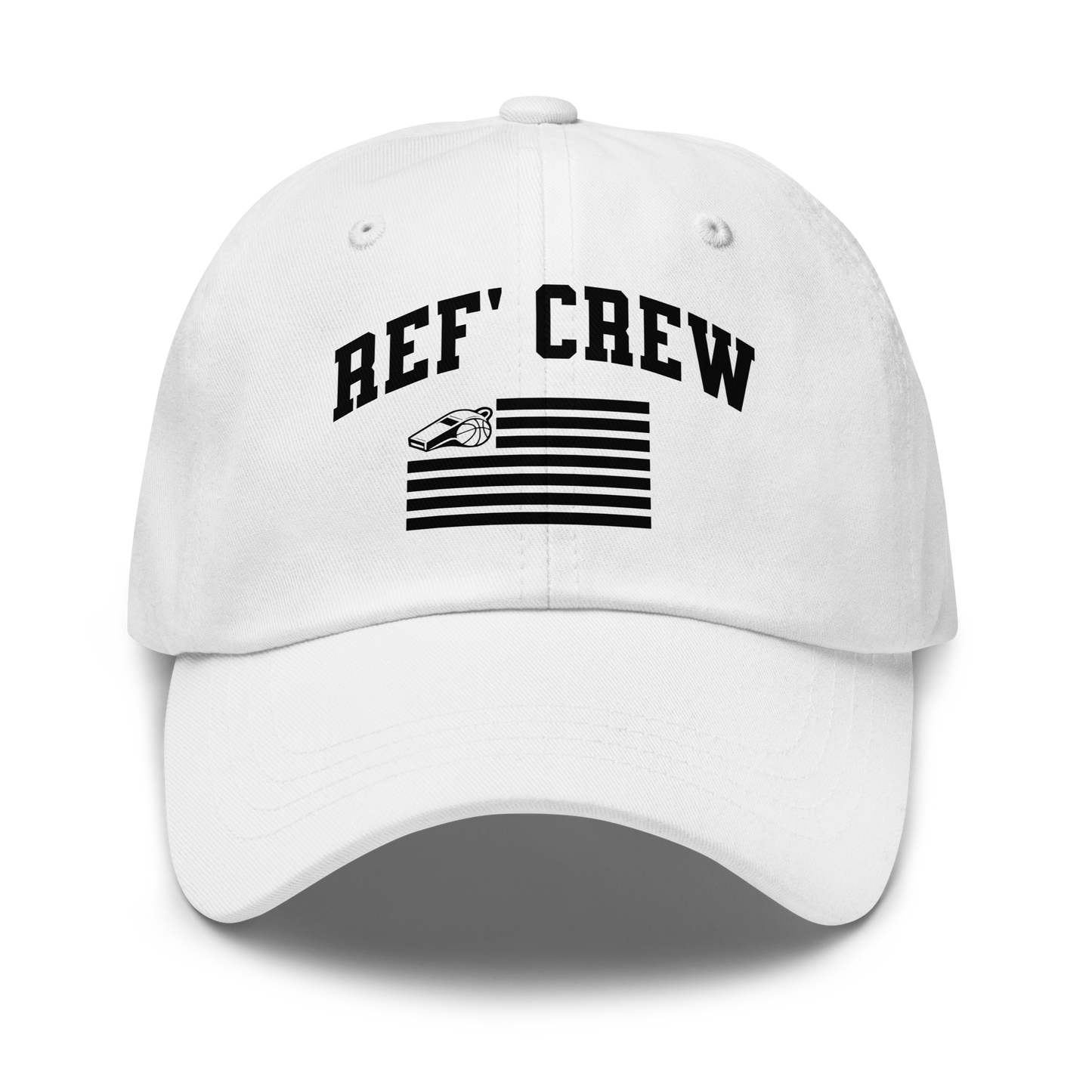 White unstructured dad cap with "REF' CREW" and a whistle/basketball American flag design.