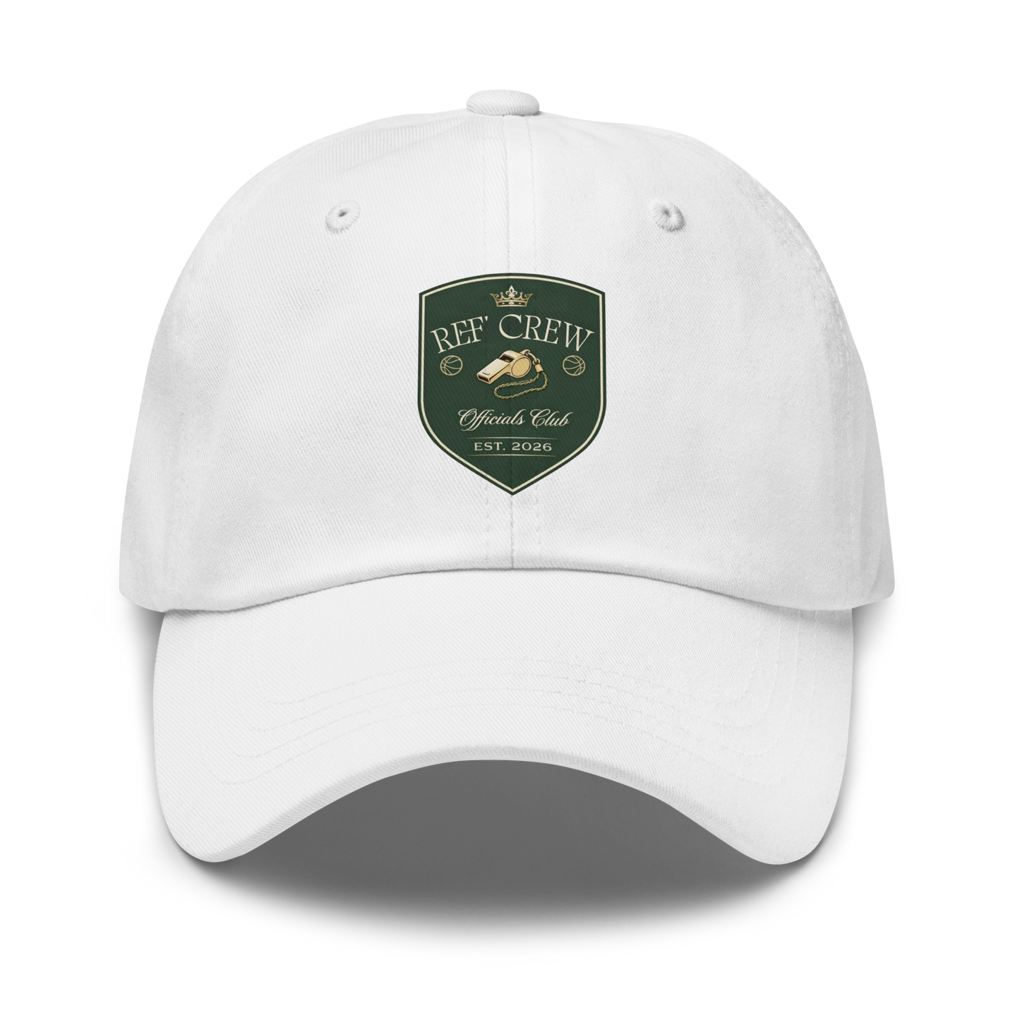 White chino cotton twill dad cap with "Ref' Crew Officials Club" vintage heraldic shield logo for referees.