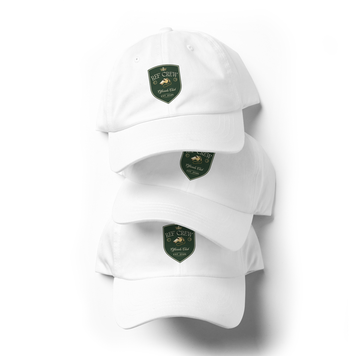 White Yupoong dad caps with a vintage Ref' Crew Officials Club shield logo, perfect for basketball referees.