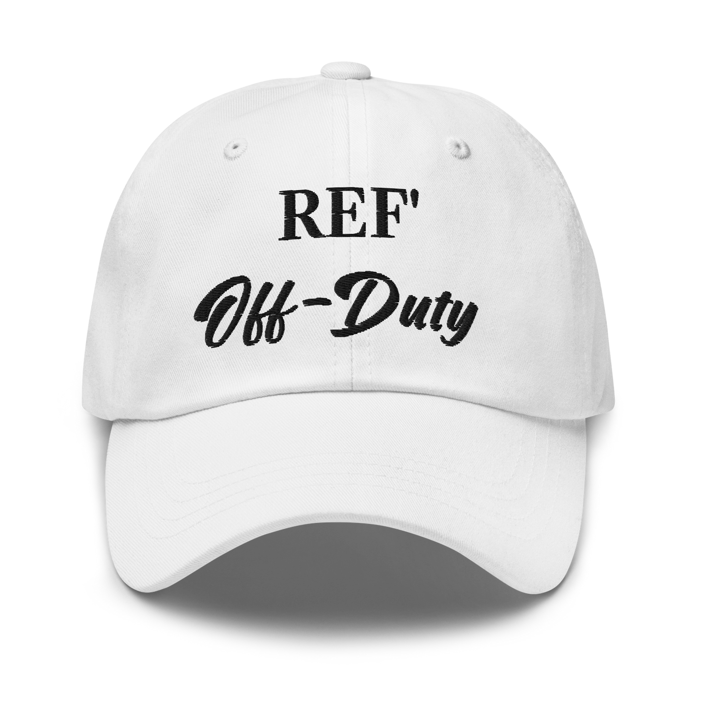 White Ref' Off-Duty dad hat with premium black embroidery, perfect for basketball referees.