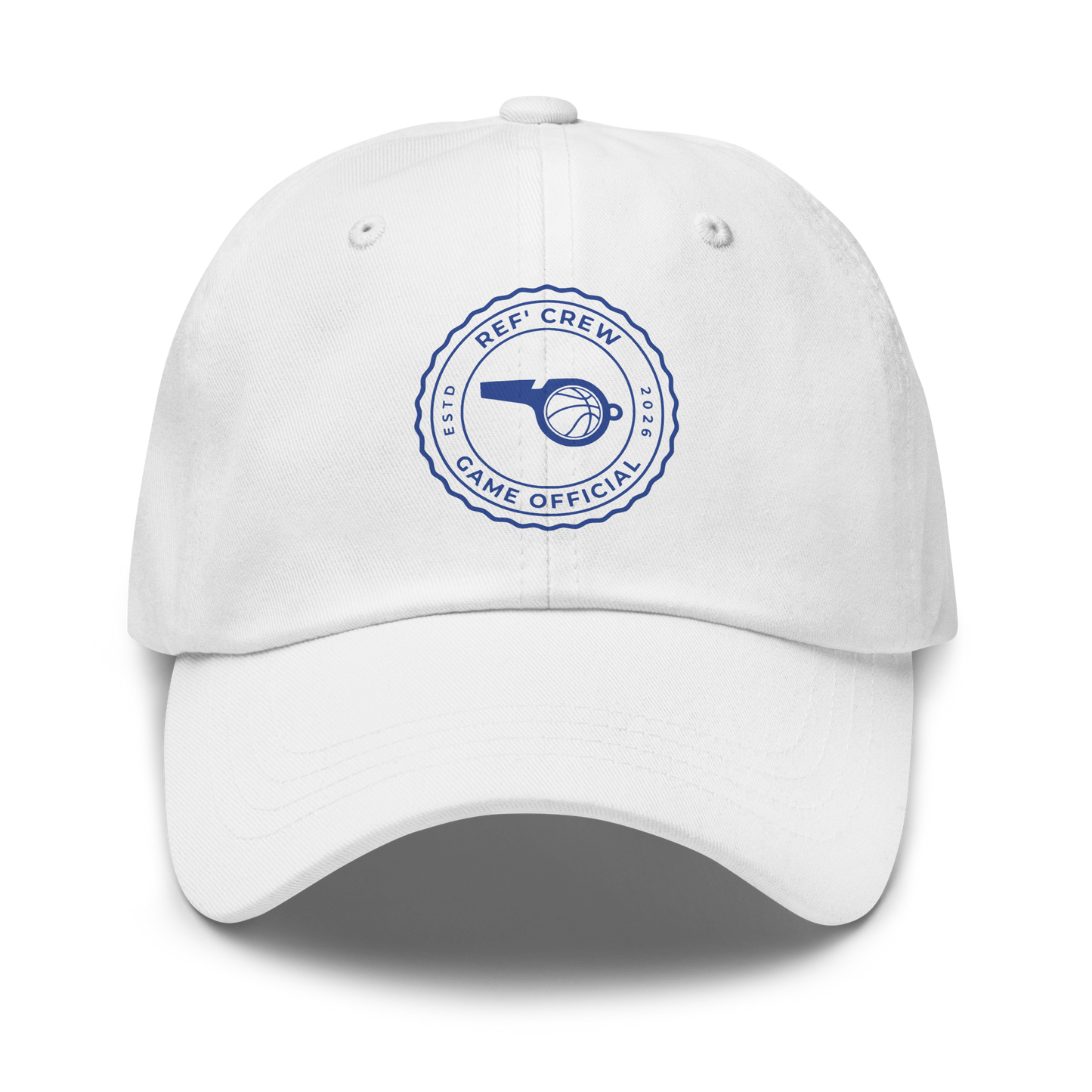 White Yupoong dad cap with a blue "Ref' Crew Game Official Estd 2026" basketball and whistle logo.
