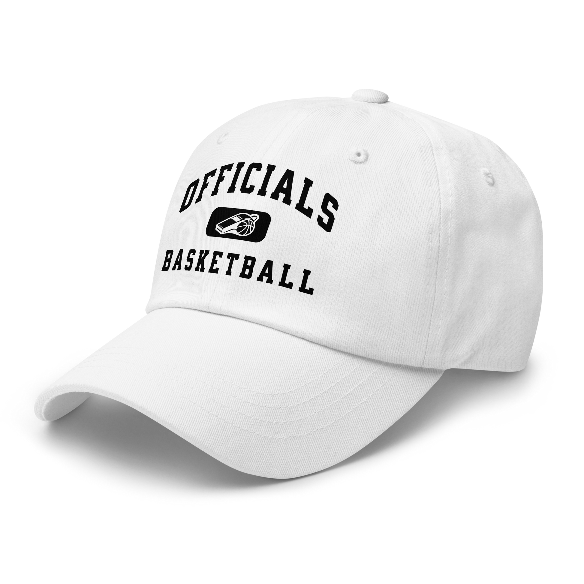 White chino cotton twill dad cap with "OFFICIALS BASKETBALL" text and whistle/basketball logo.