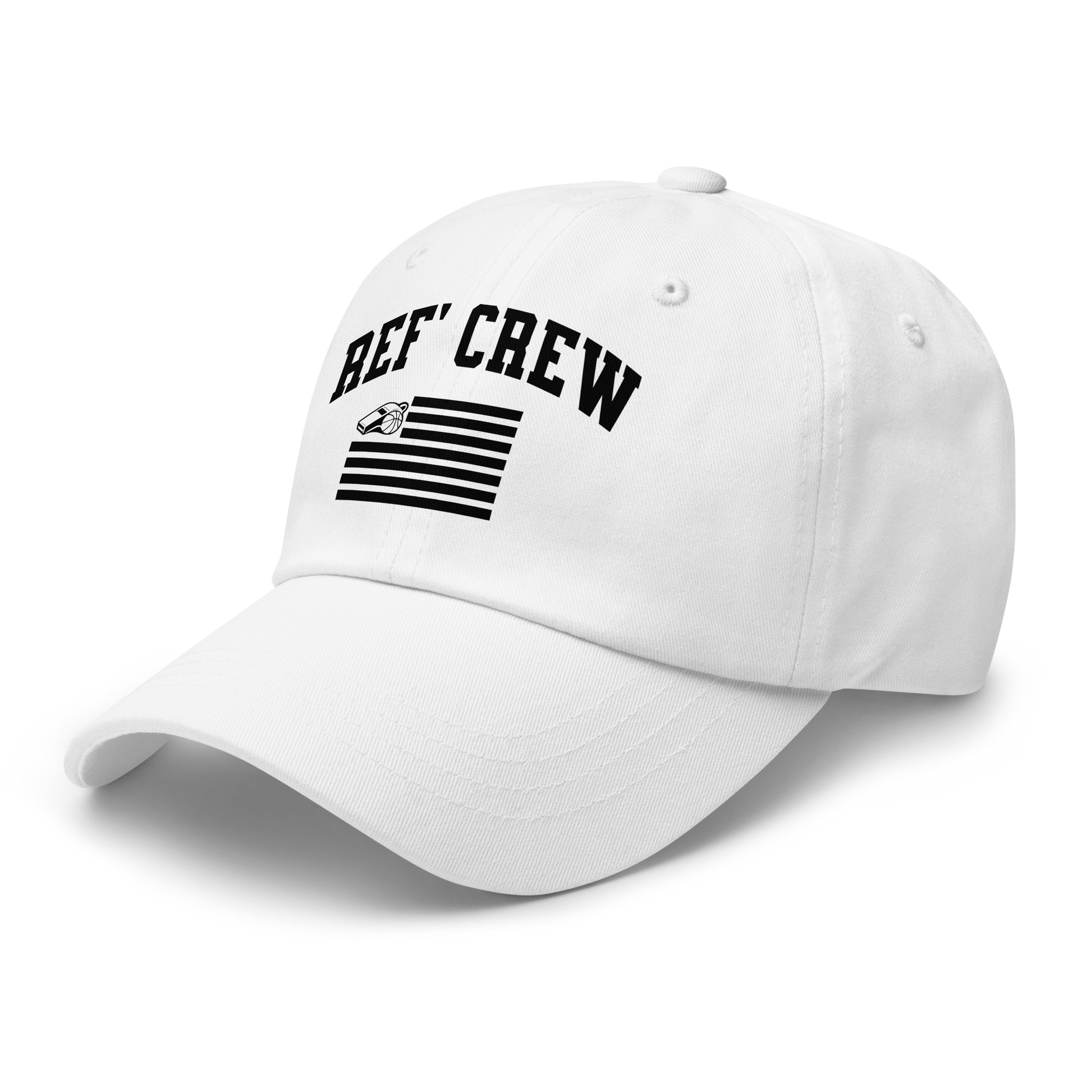 White unstructured dad cap with "REF' CREW" and a black whistle-basketball American flag design.