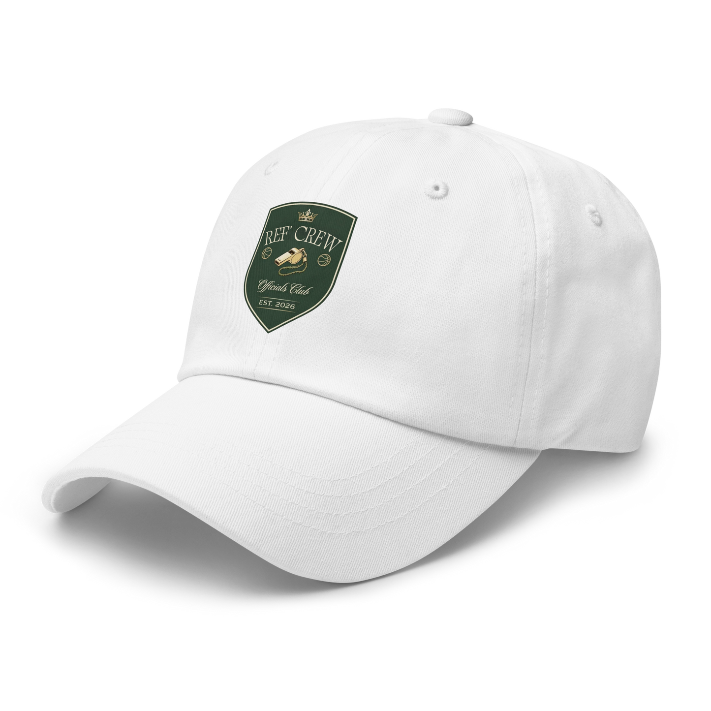 White chino cotton twill dad cap with a vintage green and gold "Ref' Crew Officials Club" shield logo.