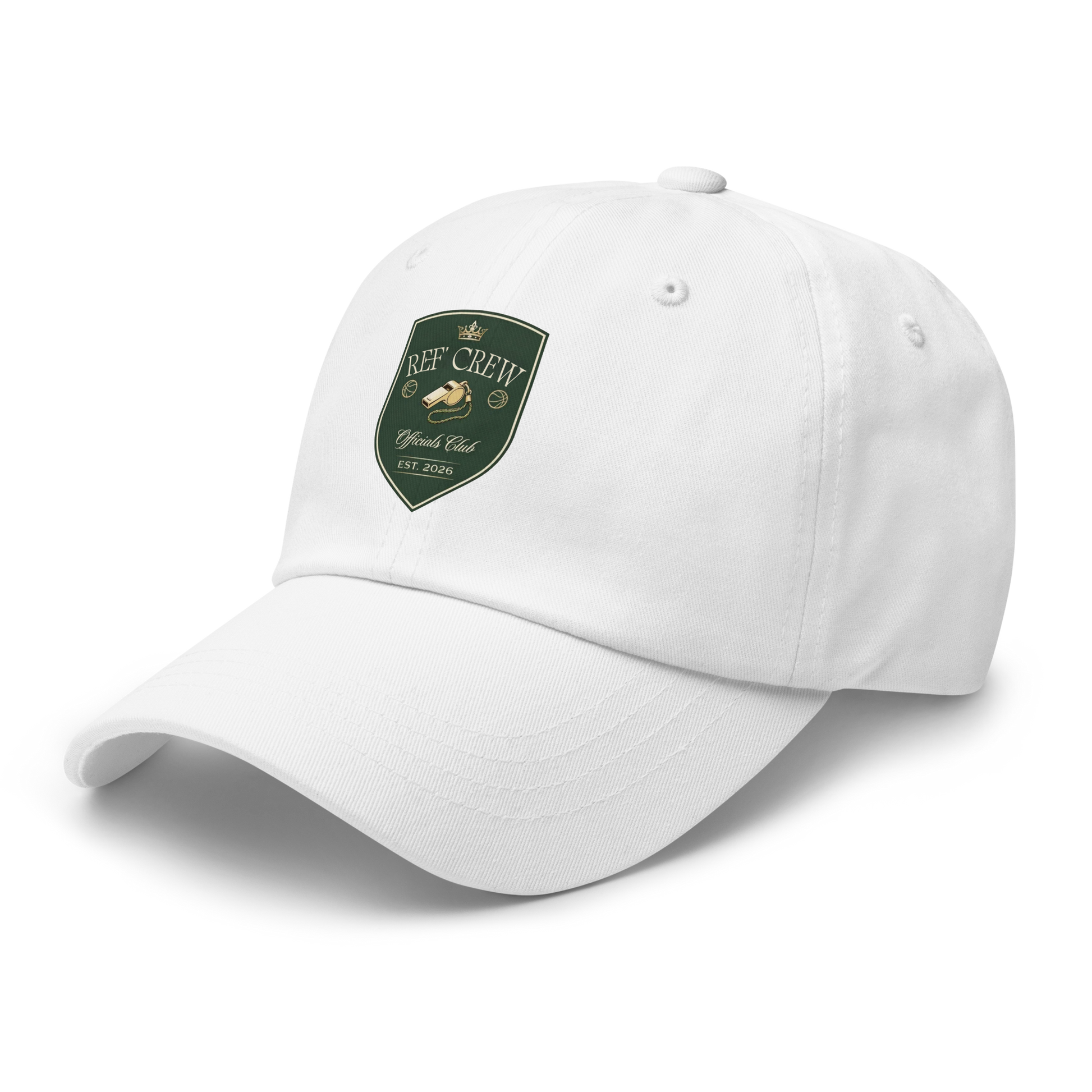 White chino cotton twill dad cap with a vintage green and gold "Ref' Crew Officials Club" shield logo.