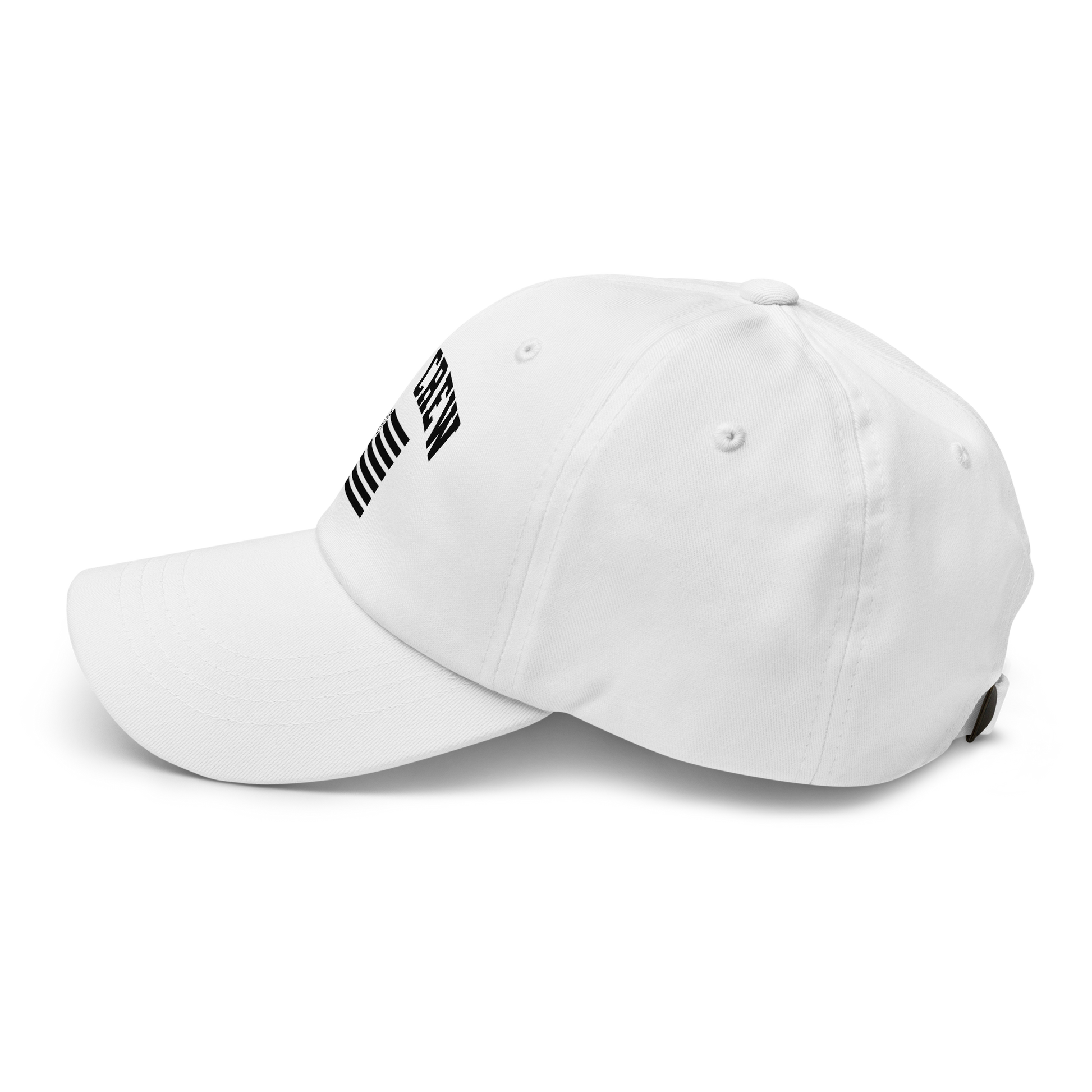 White unstructured dad cap with black "REF' CREW" collegiate arc and custom whistle/basketball American flag design.