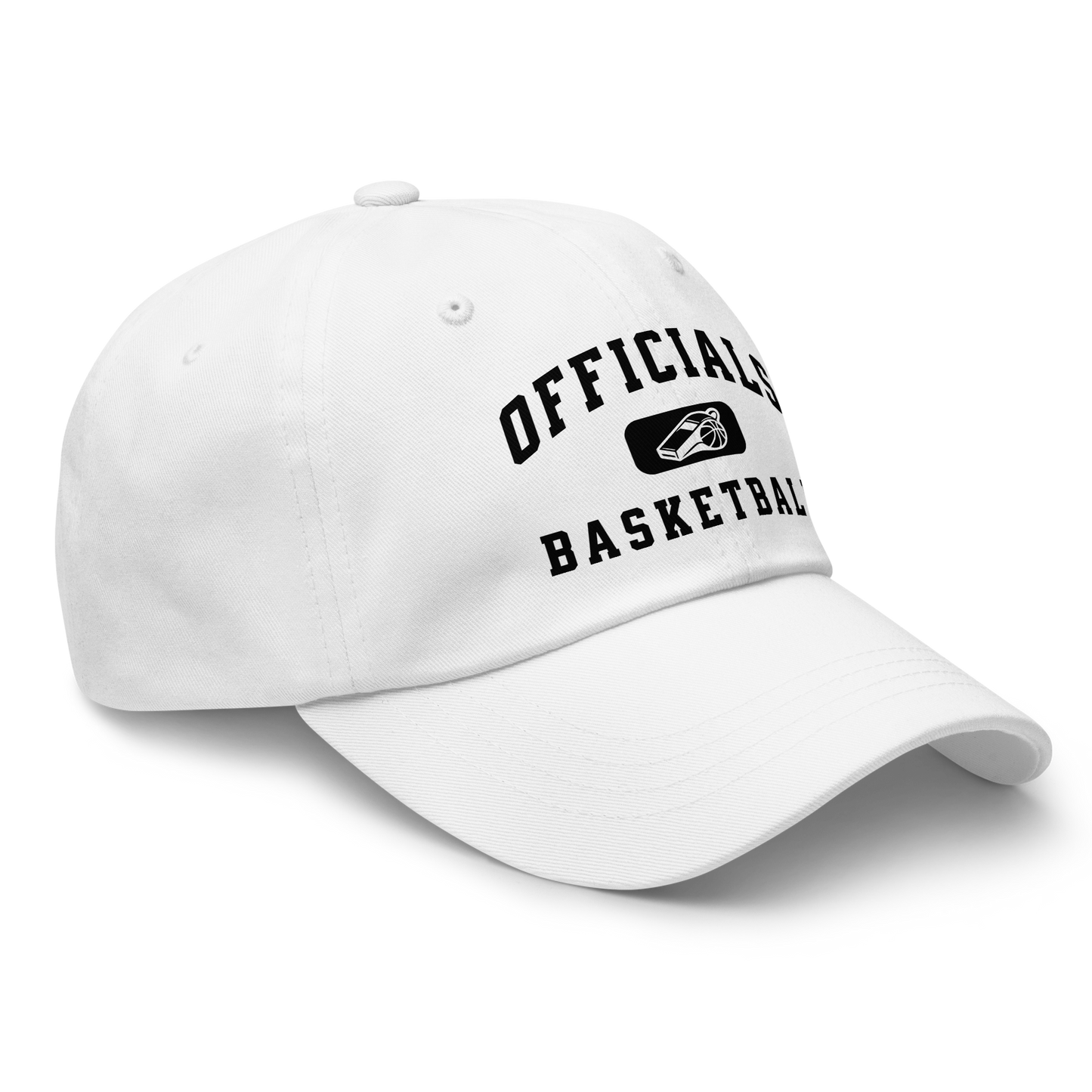 White unstructured dad cap with "OFFICIALS BASKETBALL" text and whistle/basketball logo.