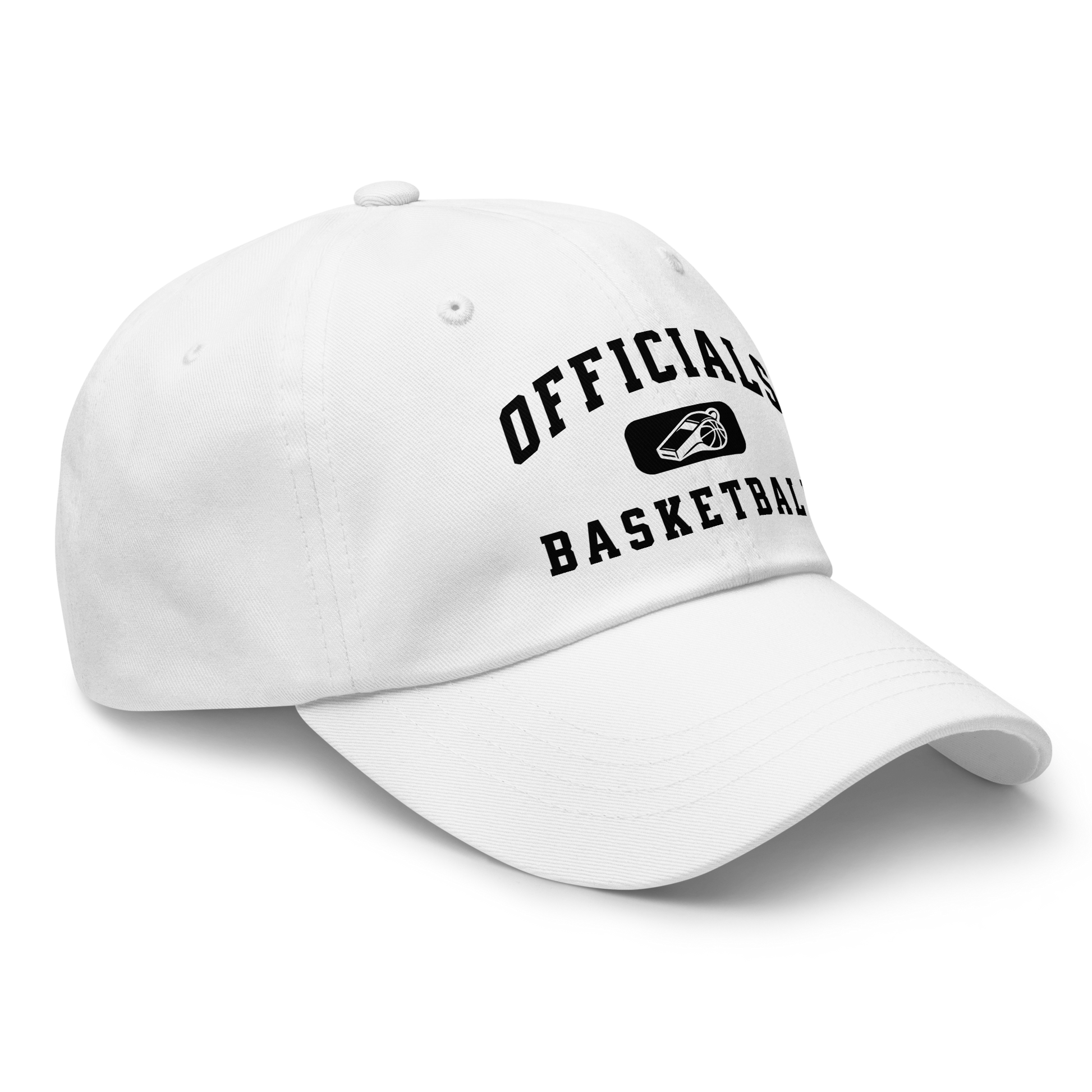 White unstructured dad cap with "OFFICIALS BASKETBALL" text and whistle/basketball logo.